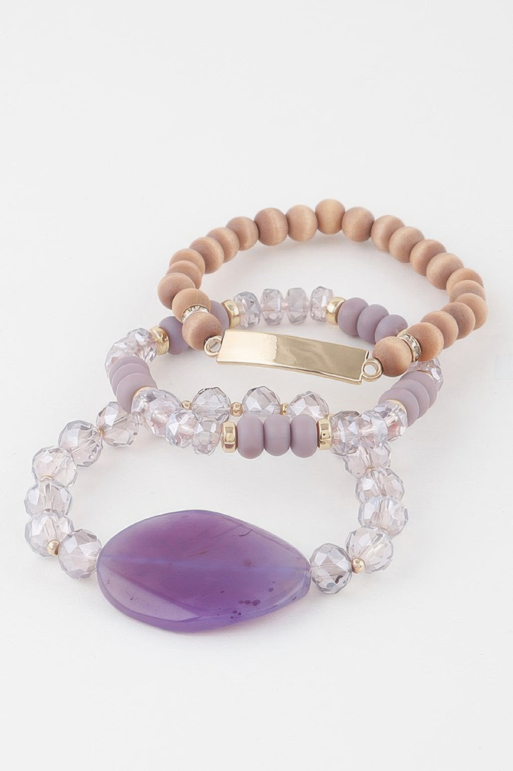 Giant Stone Bead Bracelet with lilac oval stone and gold bar clasp; clear crystal strands