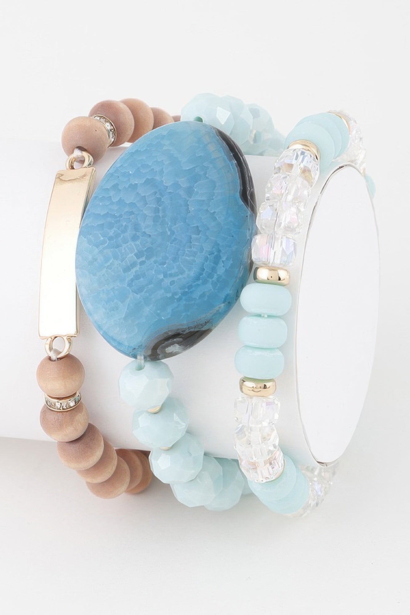 Giant Stone Bead Bracelet with mint blue oval stone and pale blue bead strands