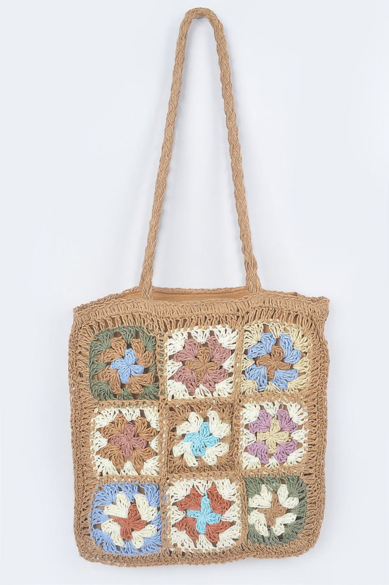 Faux straw tote bag in khaki with crocheted floral square panels