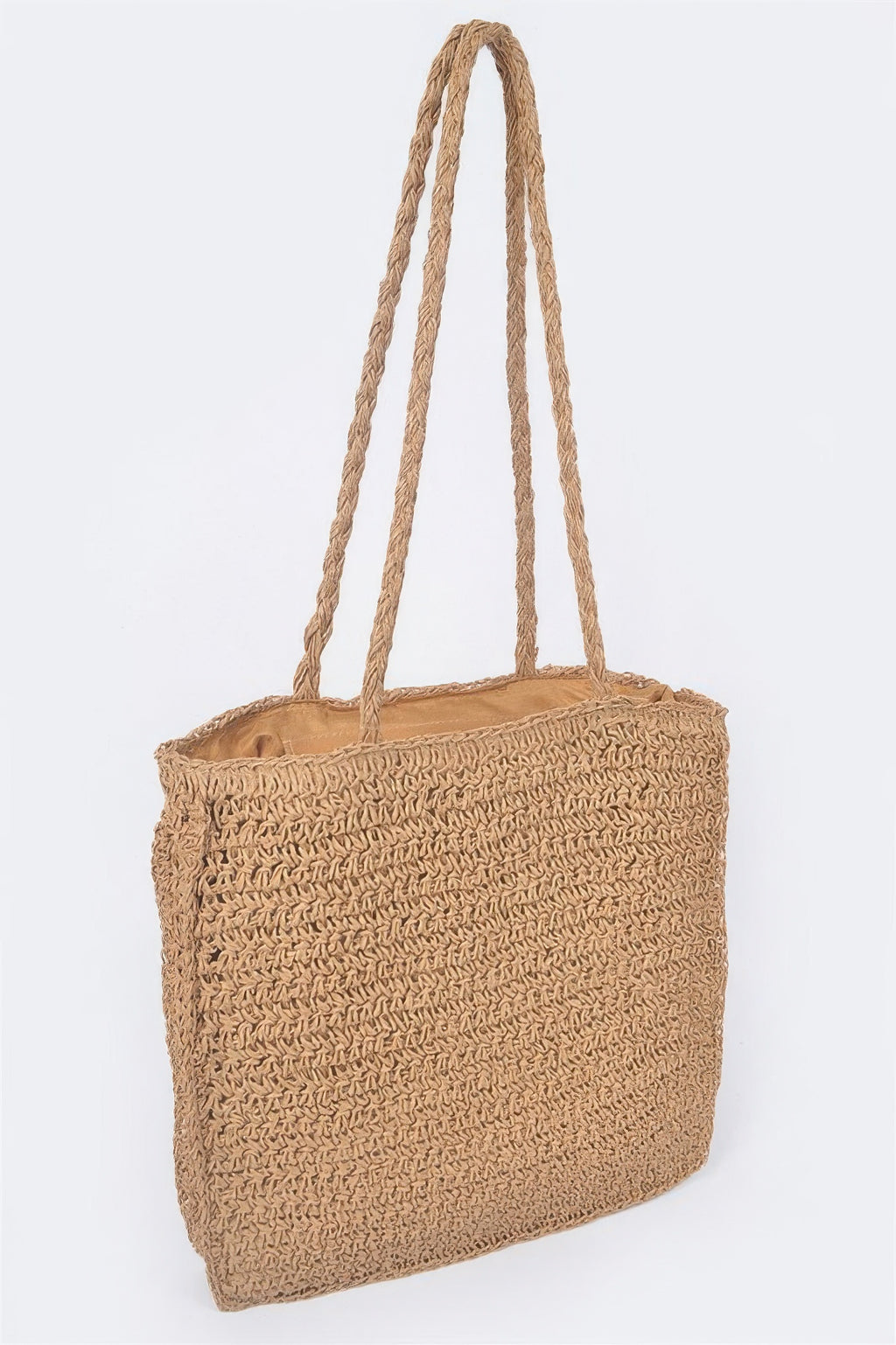 Faux straw tote bag with textured body, open top, and two rope handles