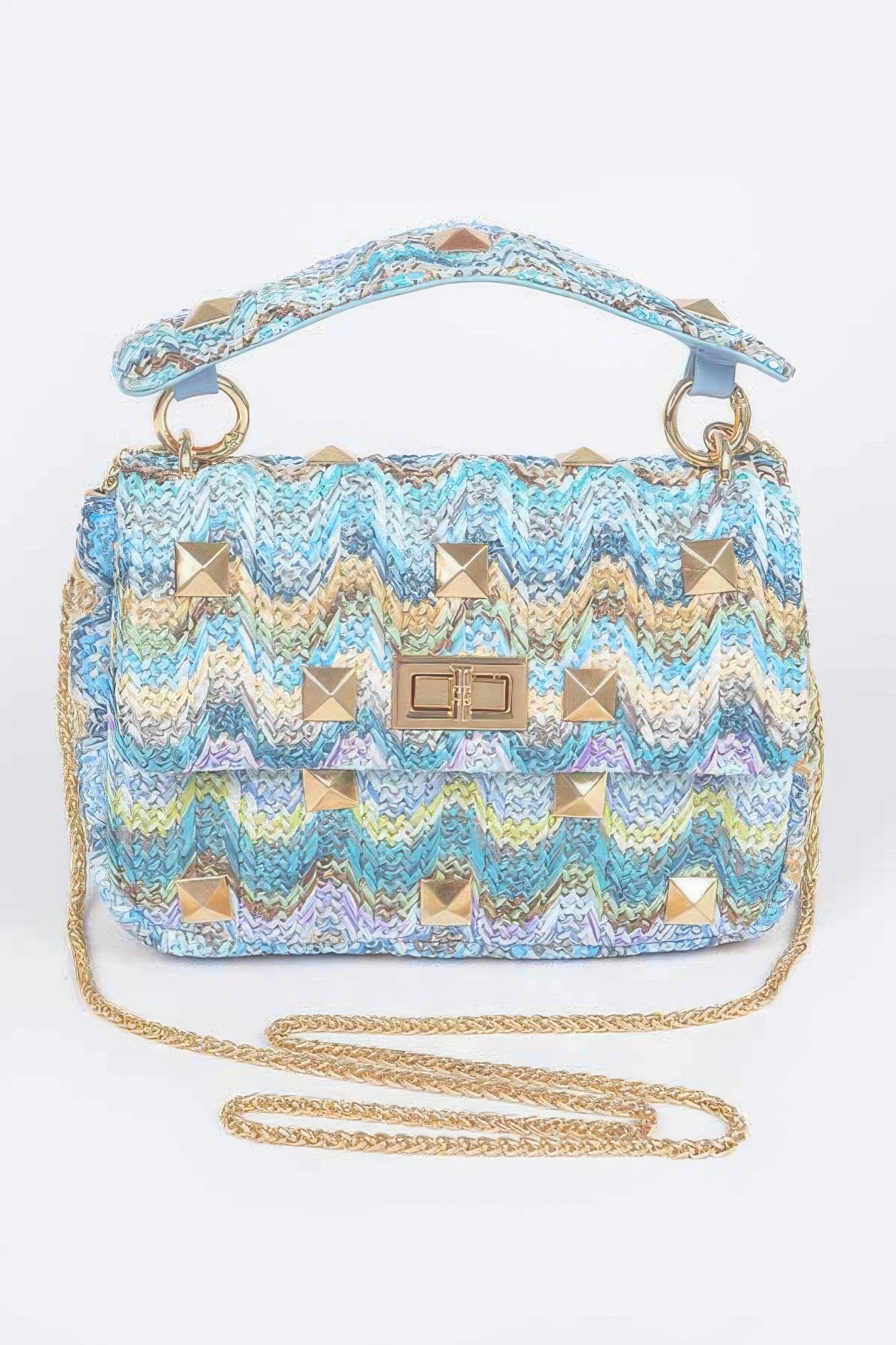 Faux straw flap top-handle bag in blue-and-white chevron with gold studs and clasp
