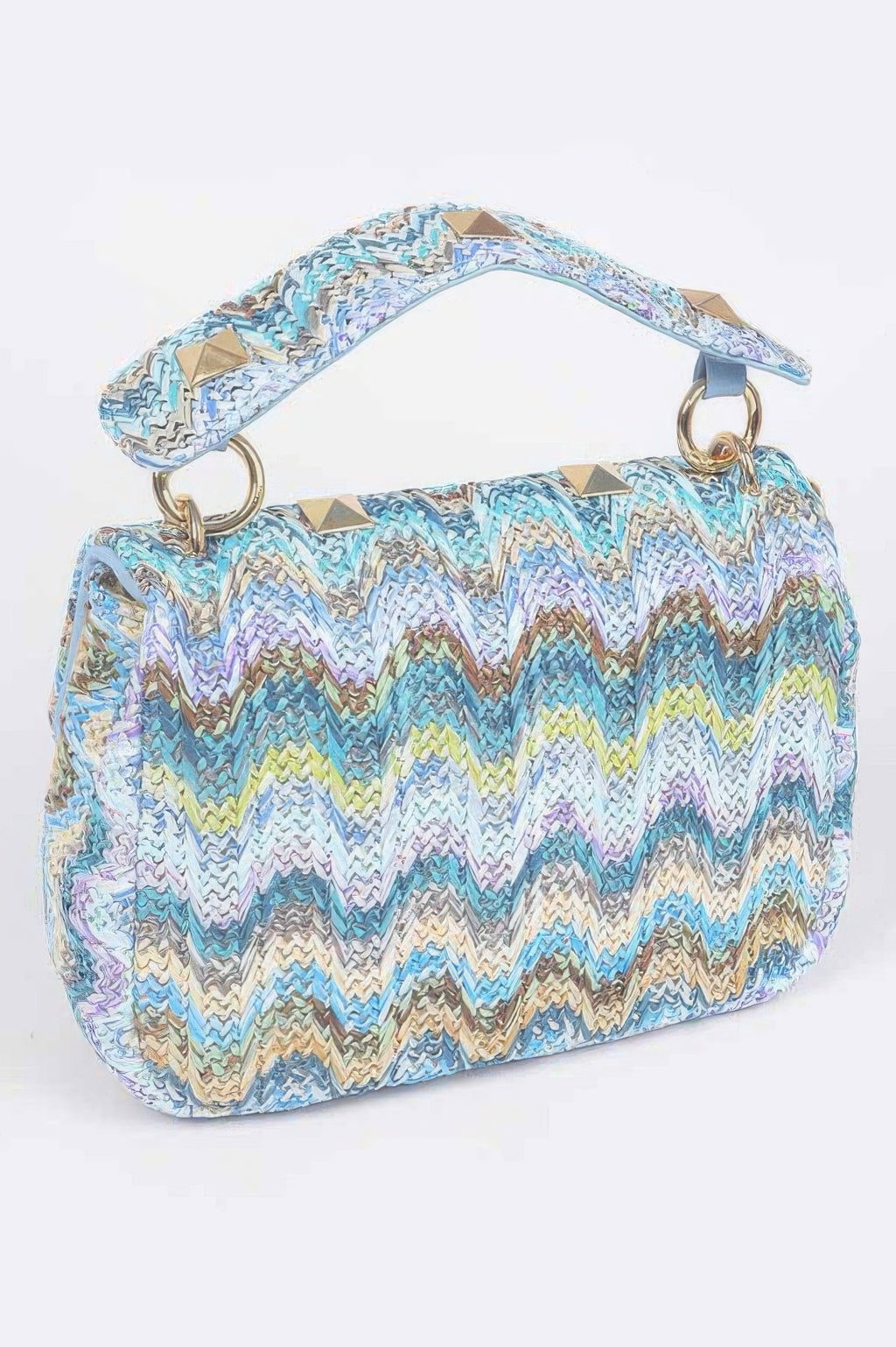 Blue zigzag faux straw flap bag with gold ring handles and studded front clasp