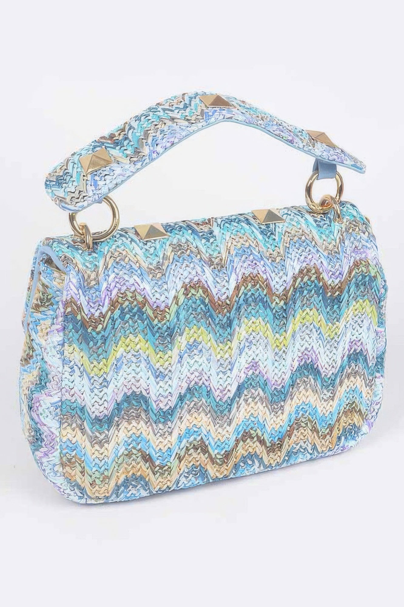 Blue zigzag faux straw flap bag with gold ring handles and studded front clasp