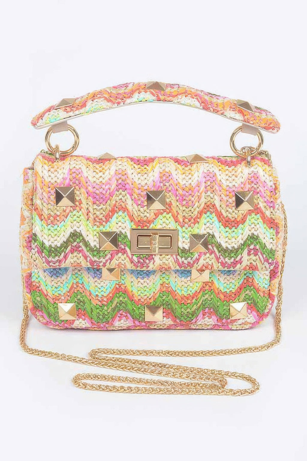 Colorful faux straw flap top-handle bag with chevron weave and gold stud accents