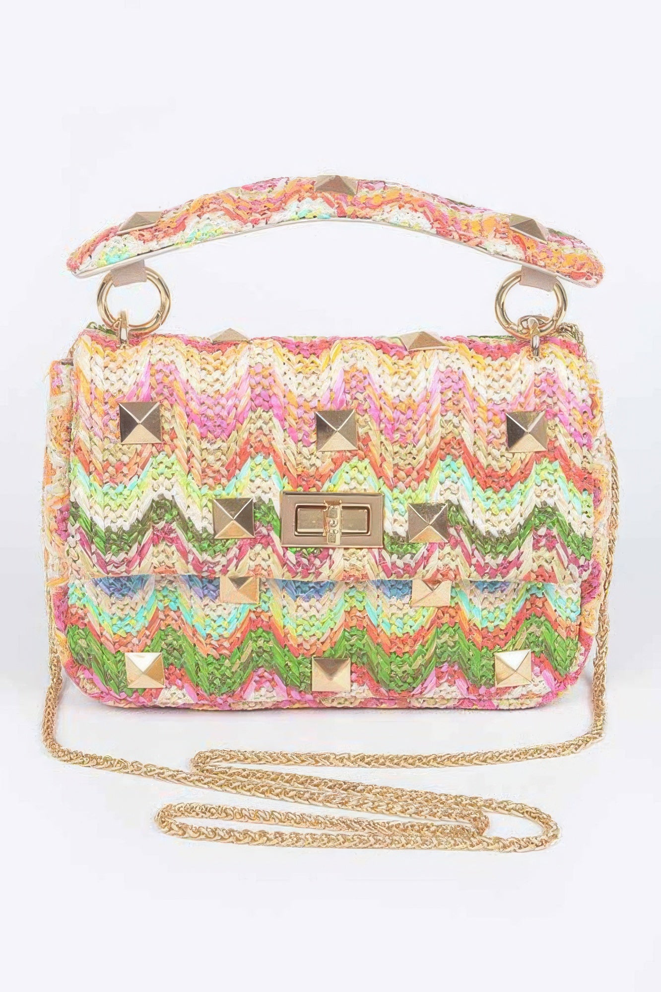 Colorful faux straw flap top-handle bag with chevron weave and gold stud accents