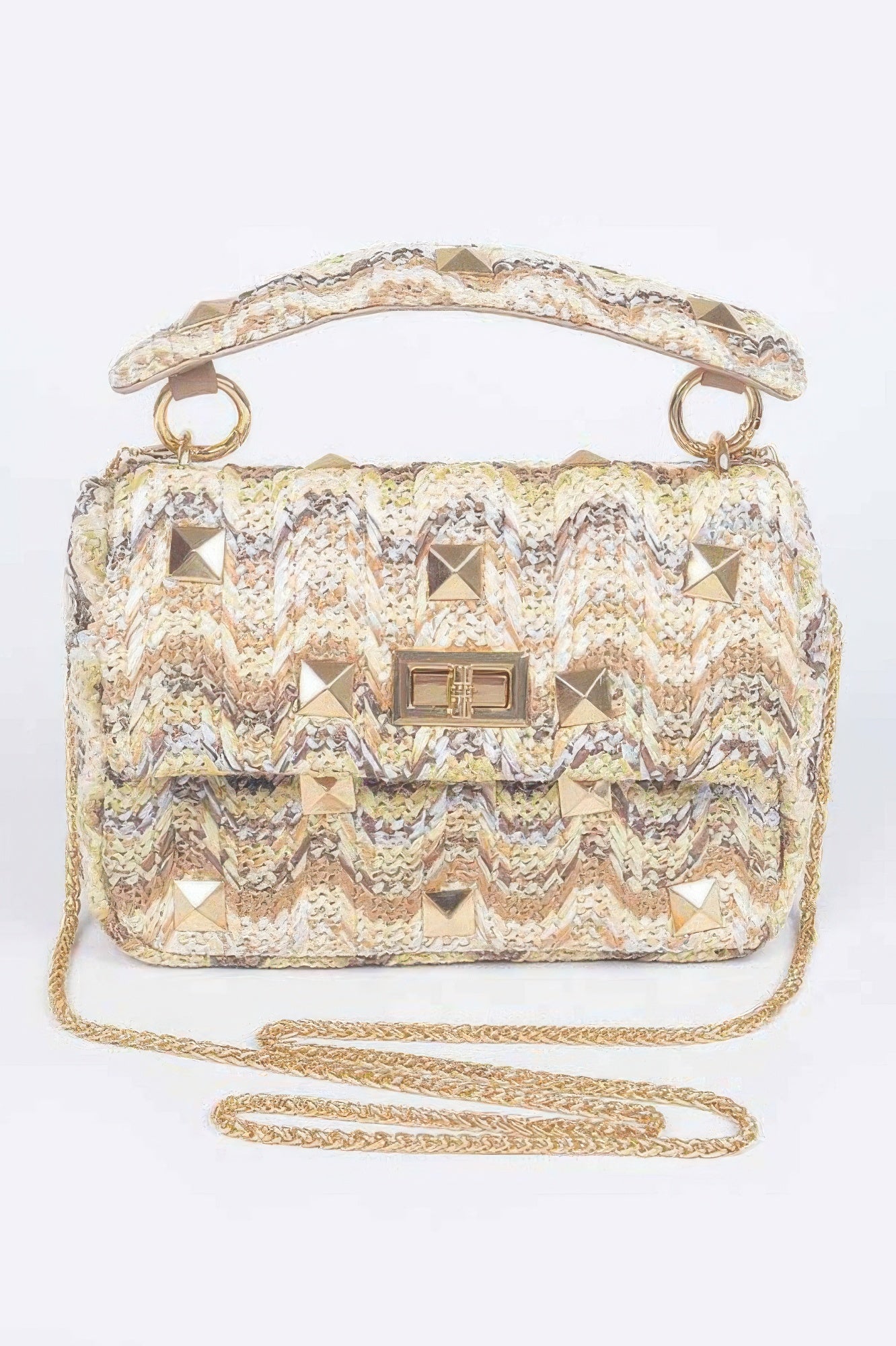 Faux straw flap top-handle bag in beige-and-cream chevron with gold studs and clasp