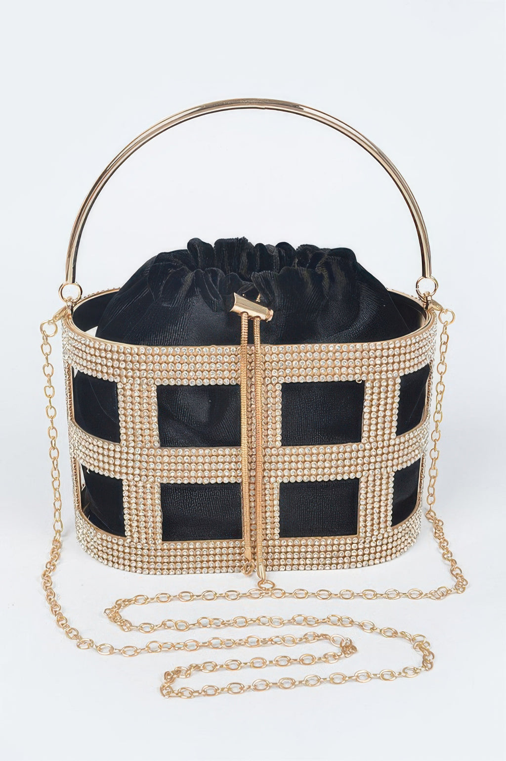 Black rhinestone frame clutch with metal handle and drawstring pouch top