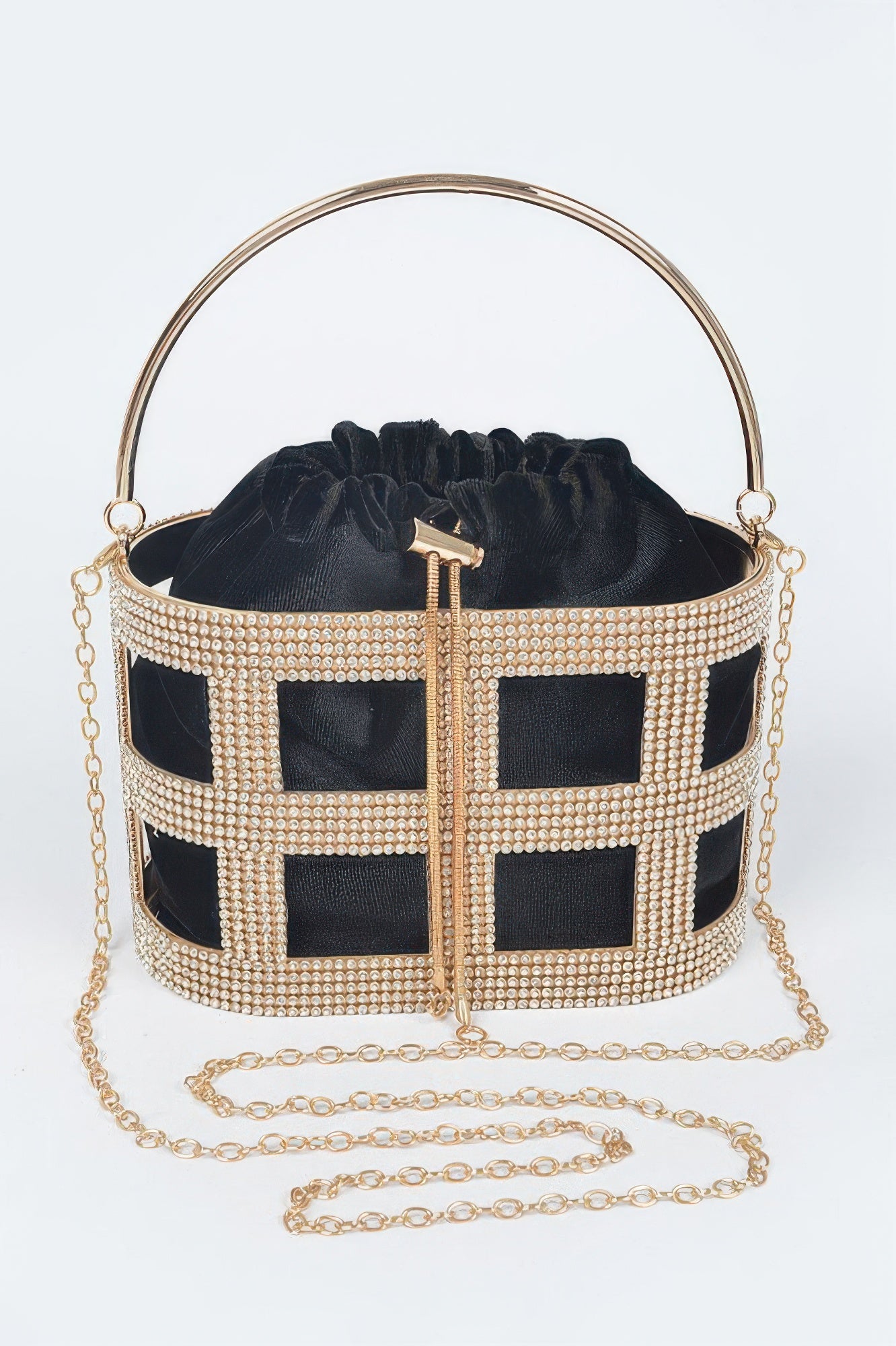Black rhinestone frame clutch with metal handle and drawstring pouch top