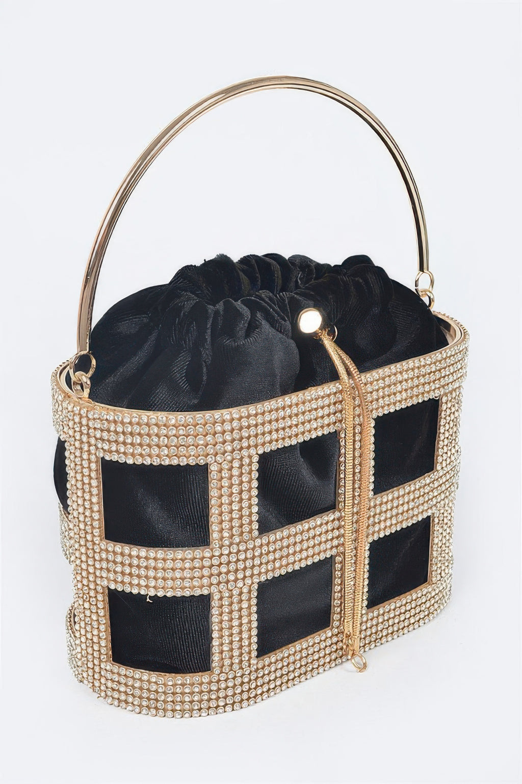 Rhinestone frame black clutch with curved metal handle and shoulder chain