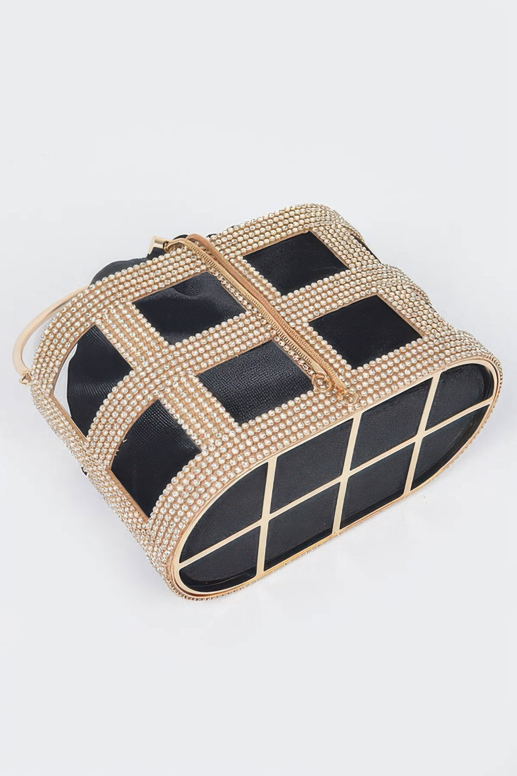 Black rhinestone frame clutch, angled view, metal handle and chain strap