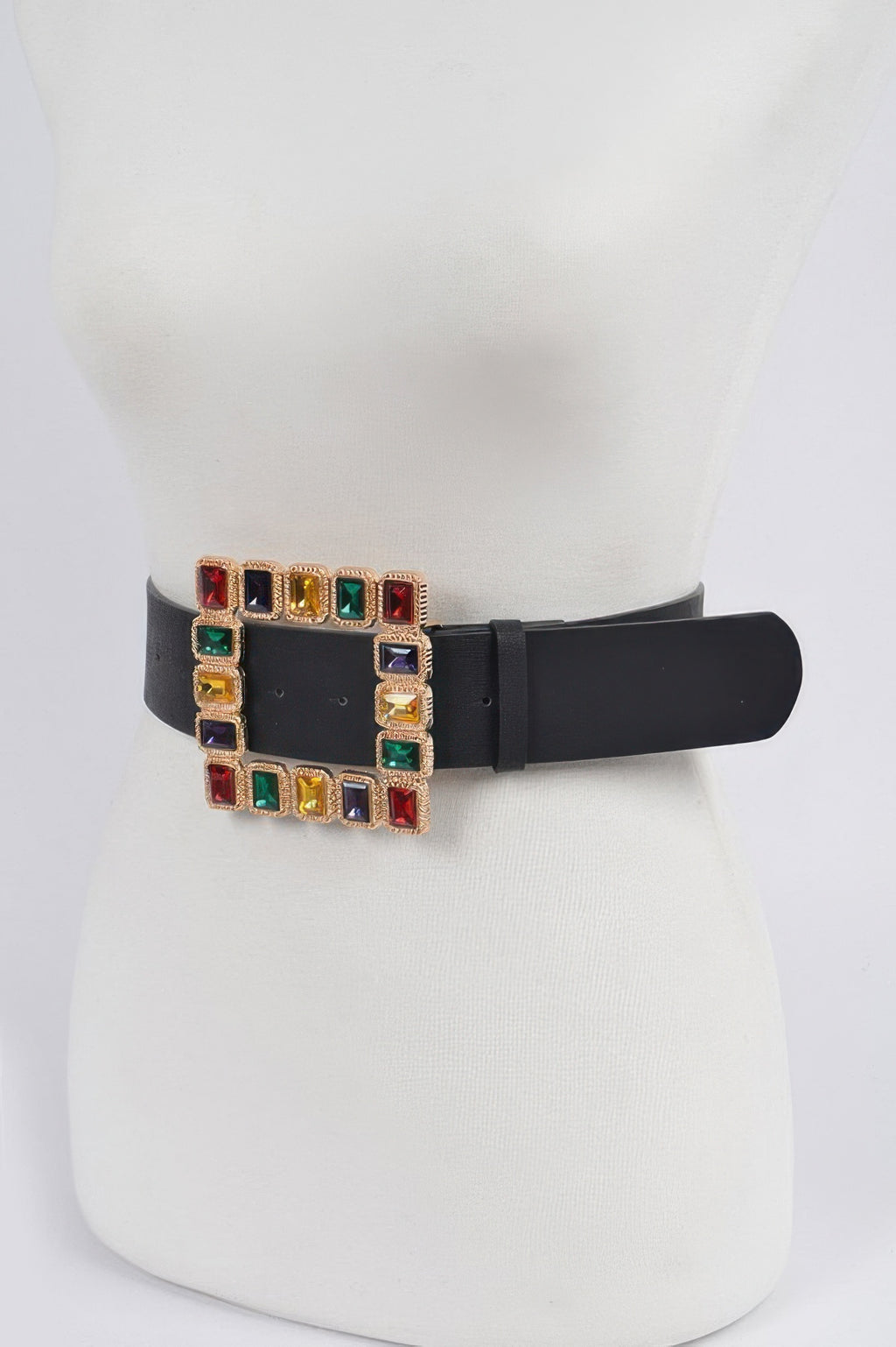 Rhinestone square belt, black strap with multicolored square gem center (side view)