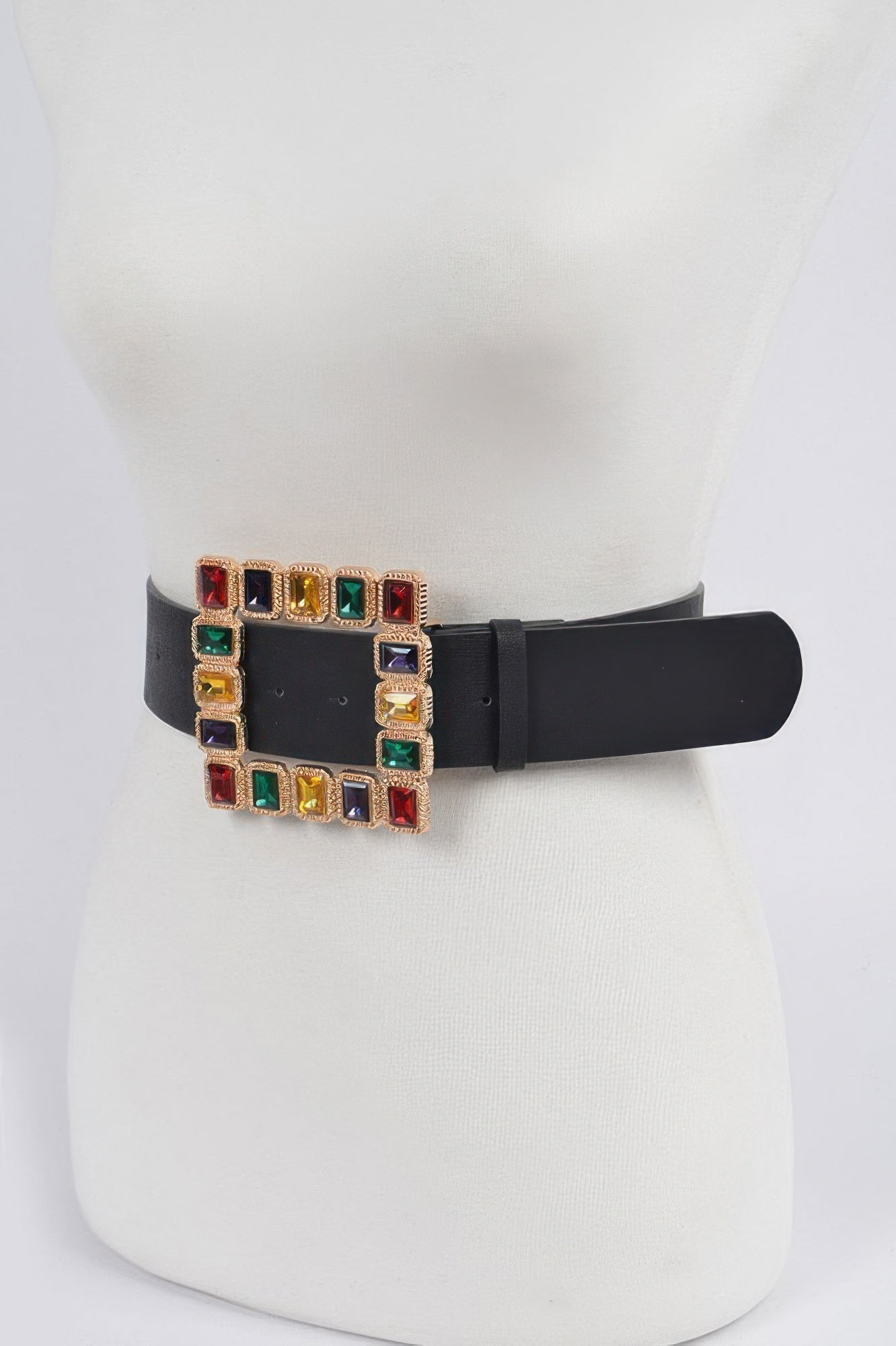 Rhinestone square belt, black strap with multicolored square gem center (side view)