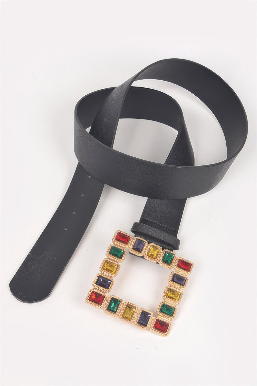Rhinestone square belt laid flat: black strap with multicolored gem frame square