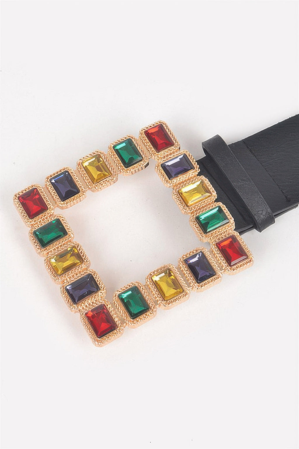 Close-up: multicolored rhinestone square pendant on black belt strap