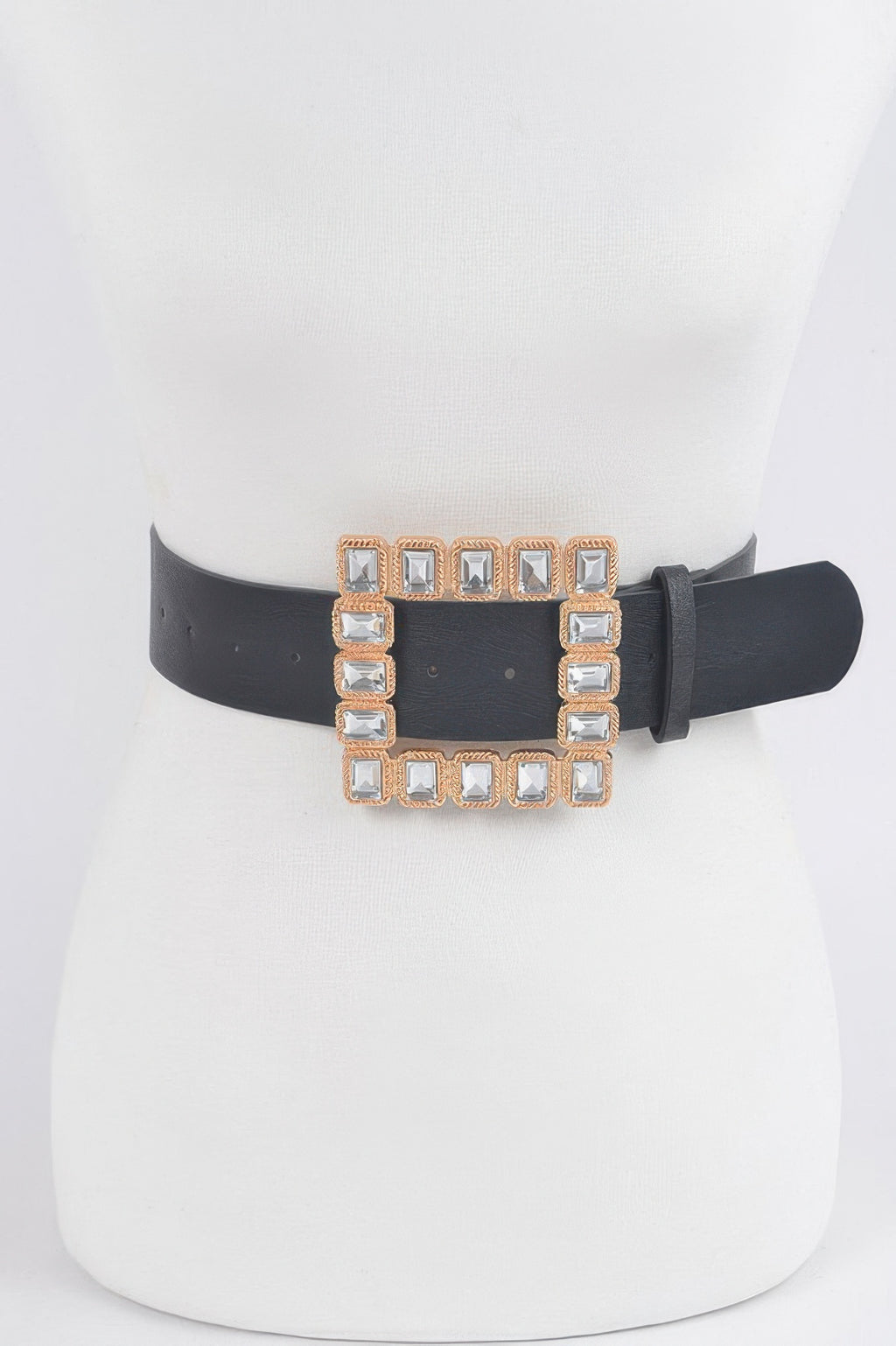 Rhinestone square belt on bust form, black strap with multicolored gem border
