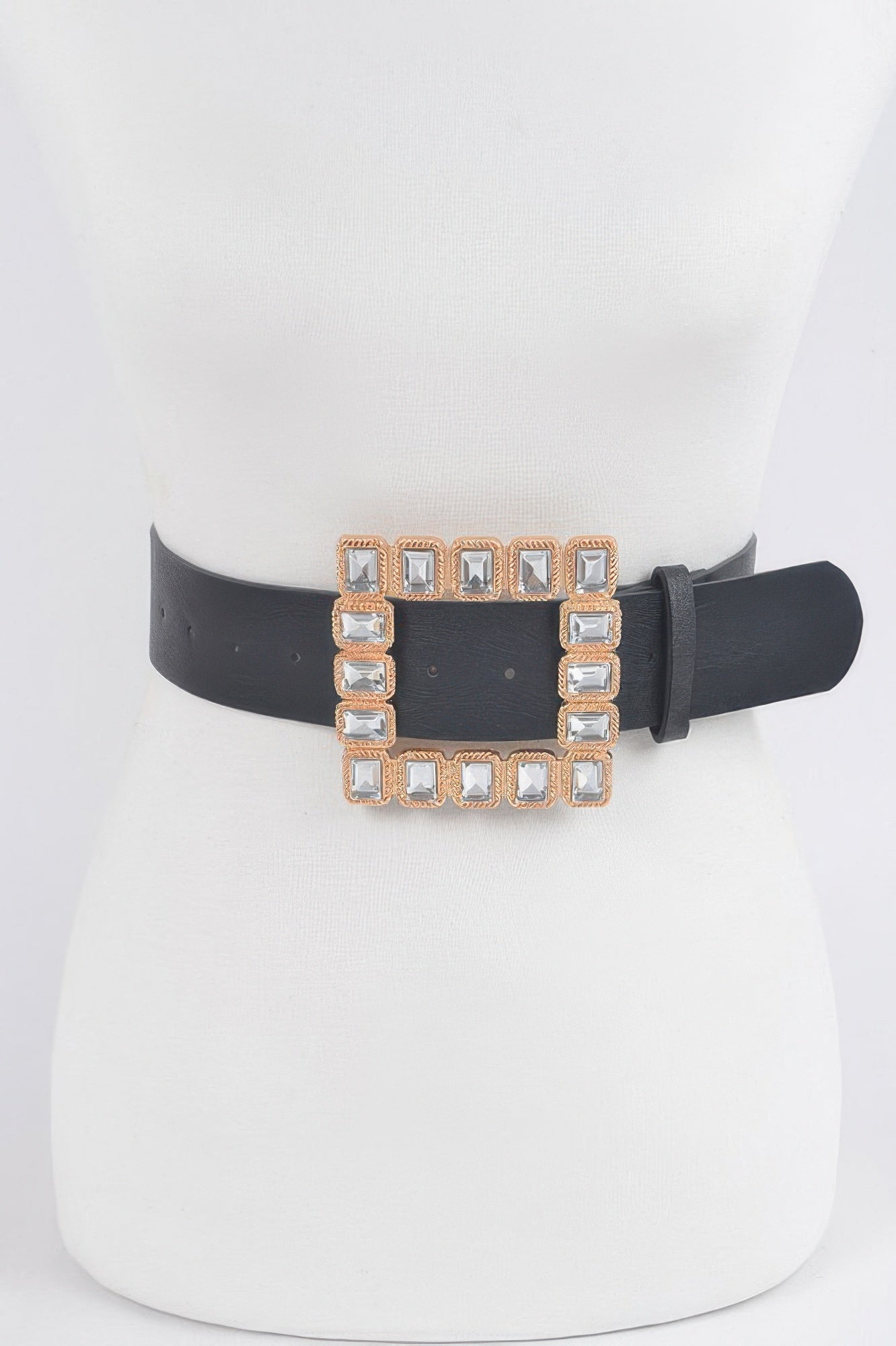 Rhinestone square belt on bust form, black strap with multicolored gem border