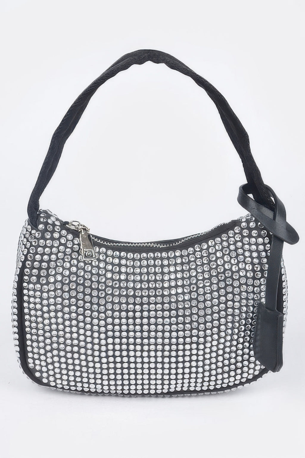 Black rhinestone shoulder bag with curved top handle, zip closure, and chain trim