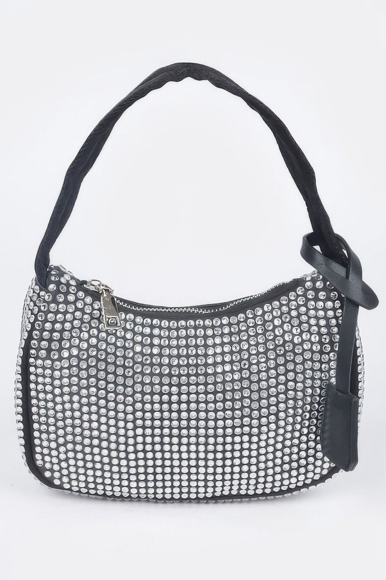 Black rhinestone shoulder bag with curved top handle, zip closure, and chain trim