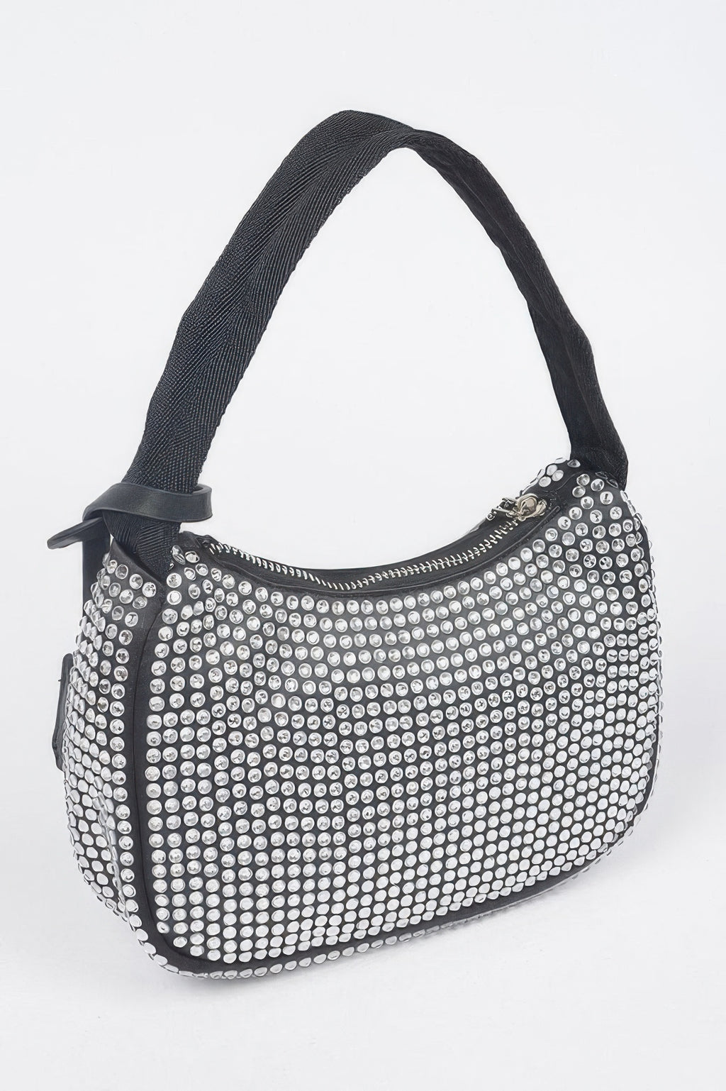 Rhinestone hobo shoulder bag in black with curved handle and zippered opening