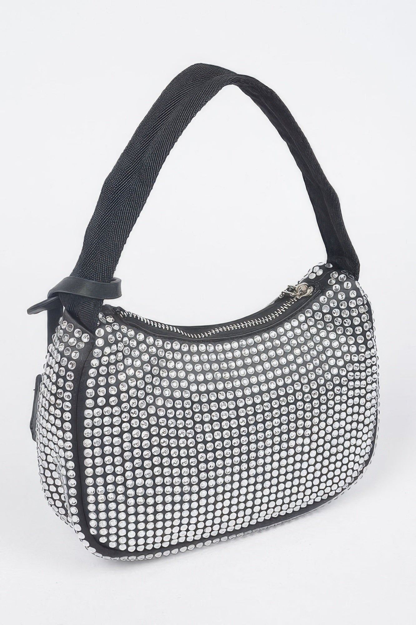 Rhinestone hobo shoulder bag in black with curved handle and zippered opening