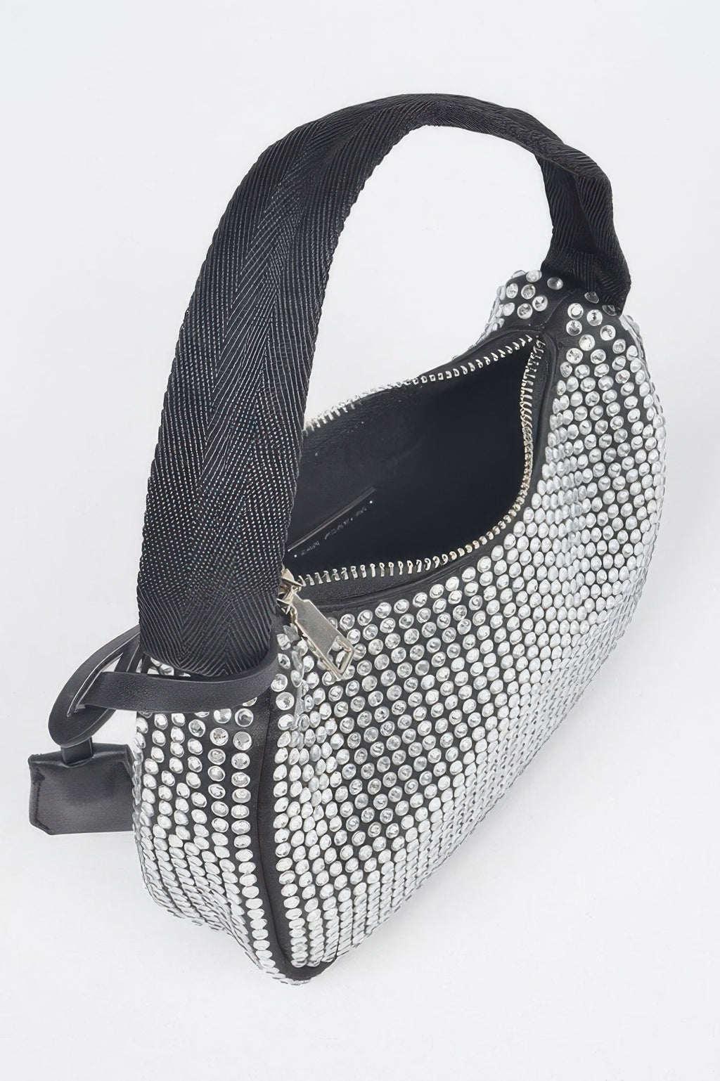 Black rhinestone shoulder bag with open zip top showing inner lining