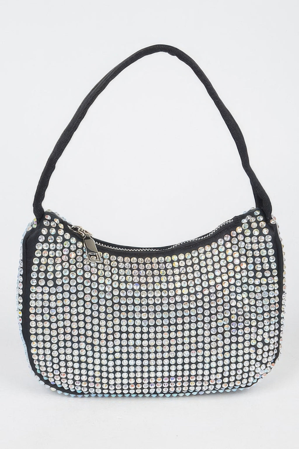 Black rhinestone shoulder bag with curved strap and zip front panel