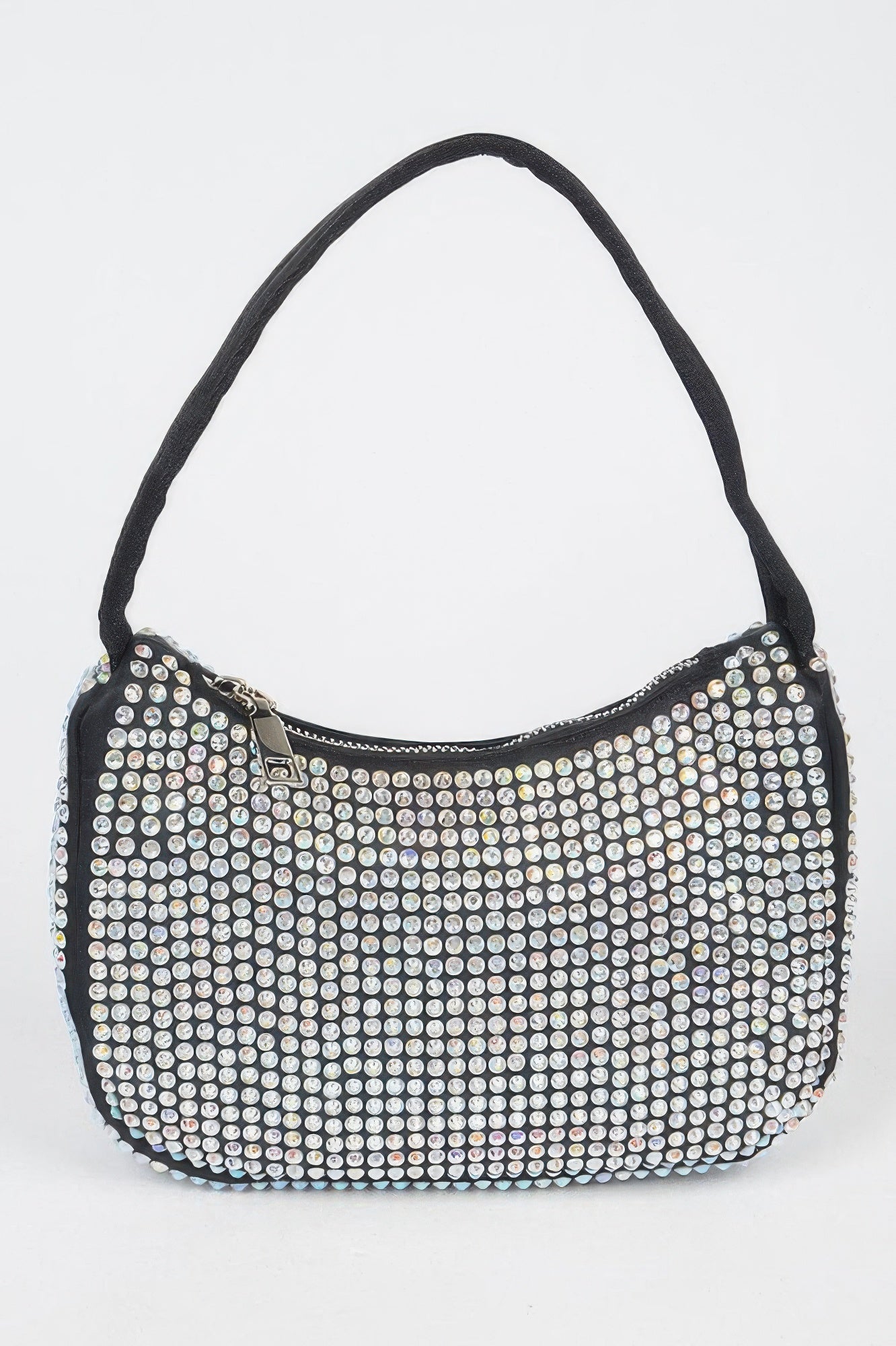 Black rhinestone shoulder bag with curved strap and zip front panel