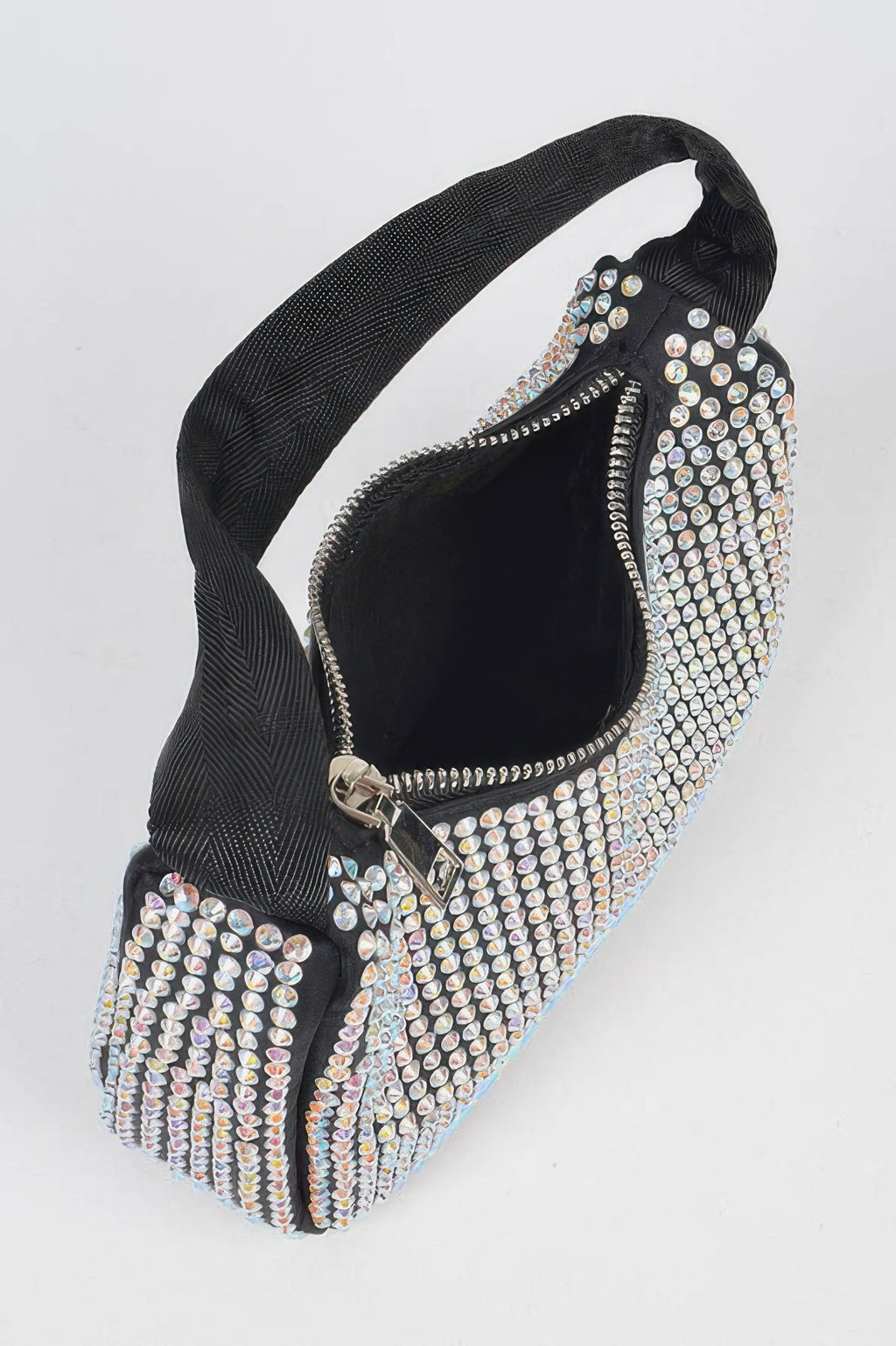 Black rhinestone shoulder bag with inner lining visible through zipper opening