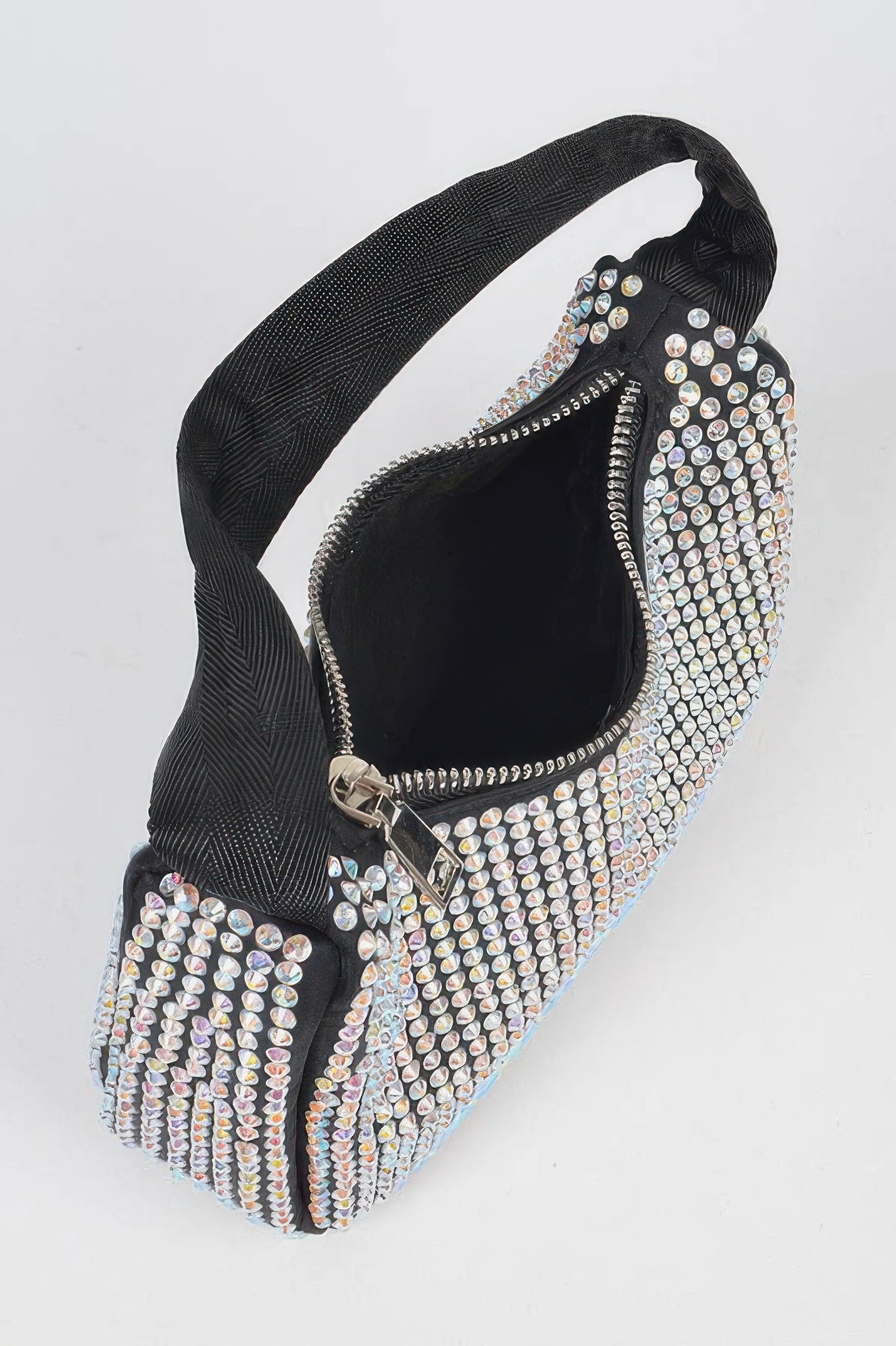 Black rhinestone shoulder bag with inner lining visible through zipper opening