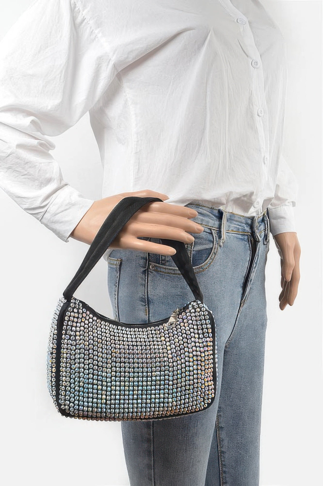 Rhinestone shoulder bag with black strap and silver-toned crystal detailing