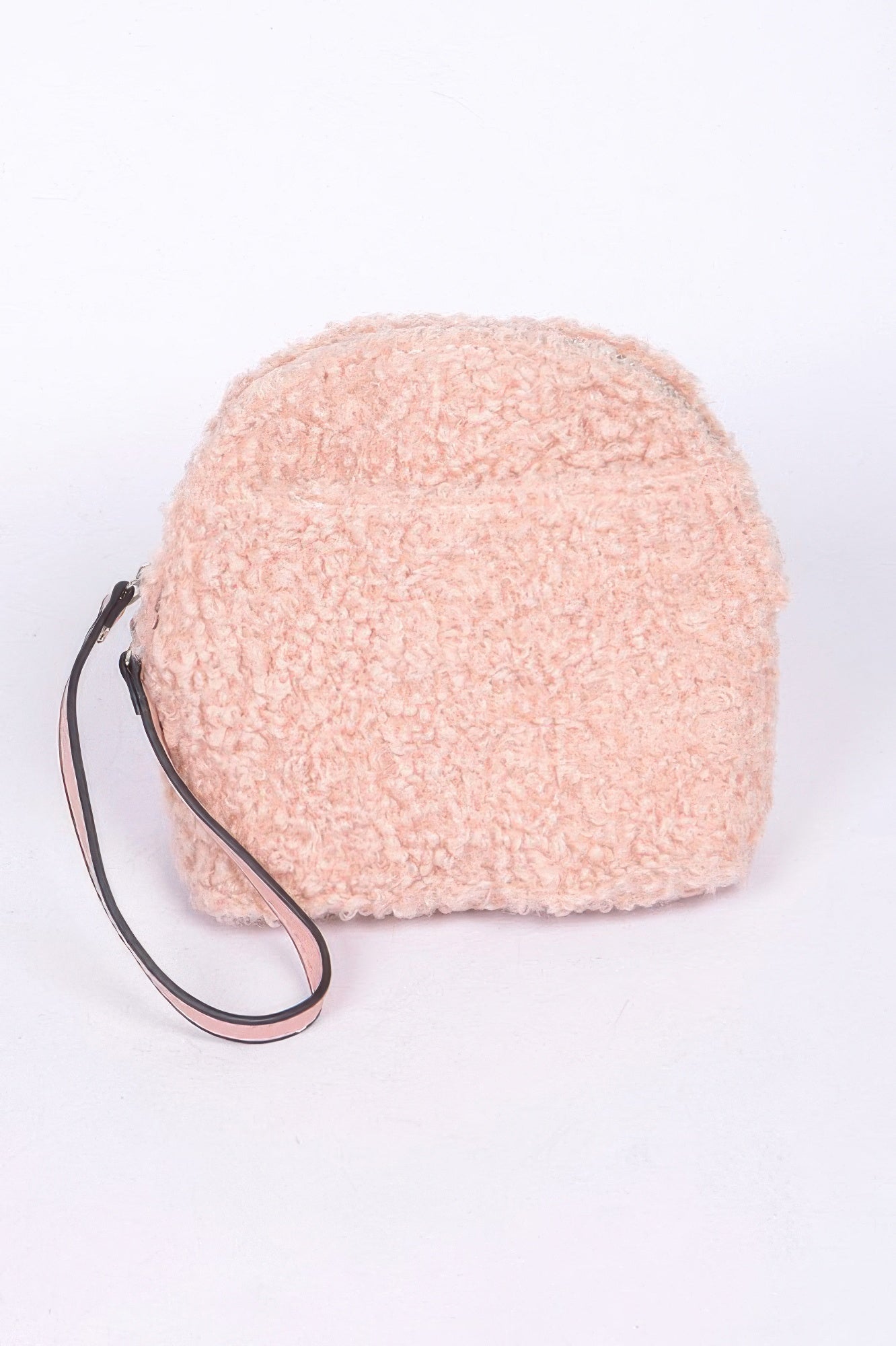 Pink faux fur half-moon wristlet handbag with black wrist strap and zipper pull