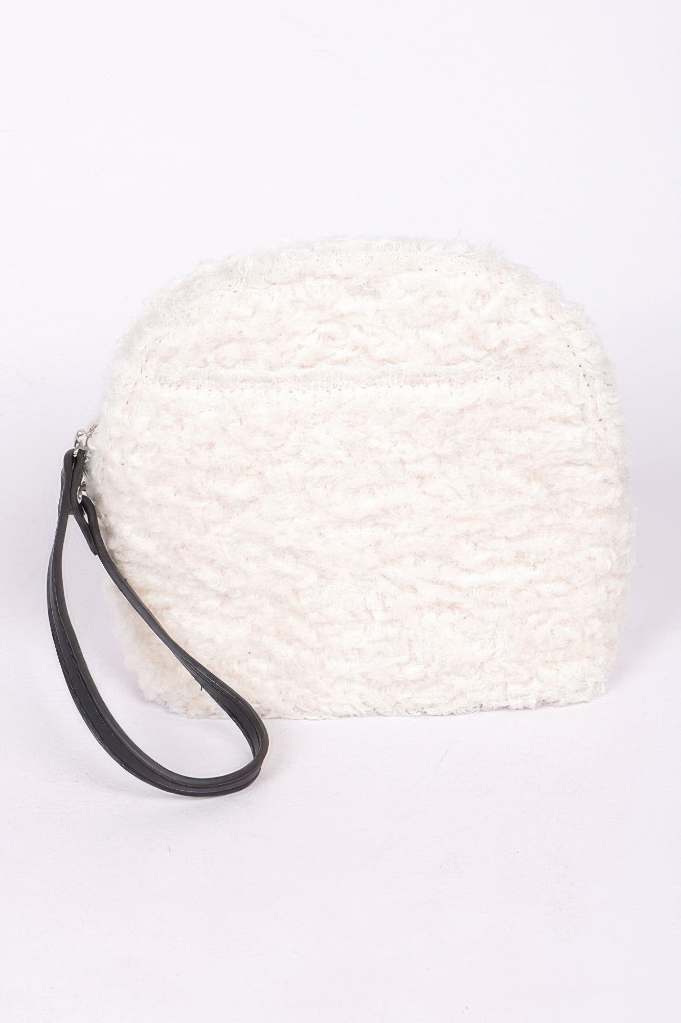 Ivory faux fur half-moon wristlet handbag with black wrist strap and zipper closure