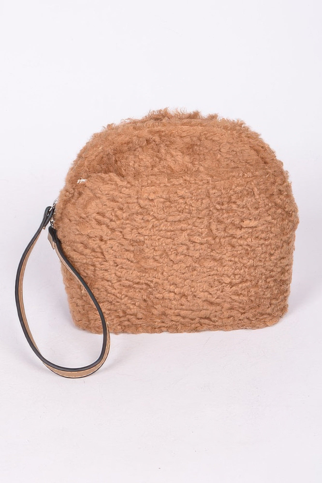 Khaki brown faux fur half-moon wristlet handbag with black wrist strap and zipper pull