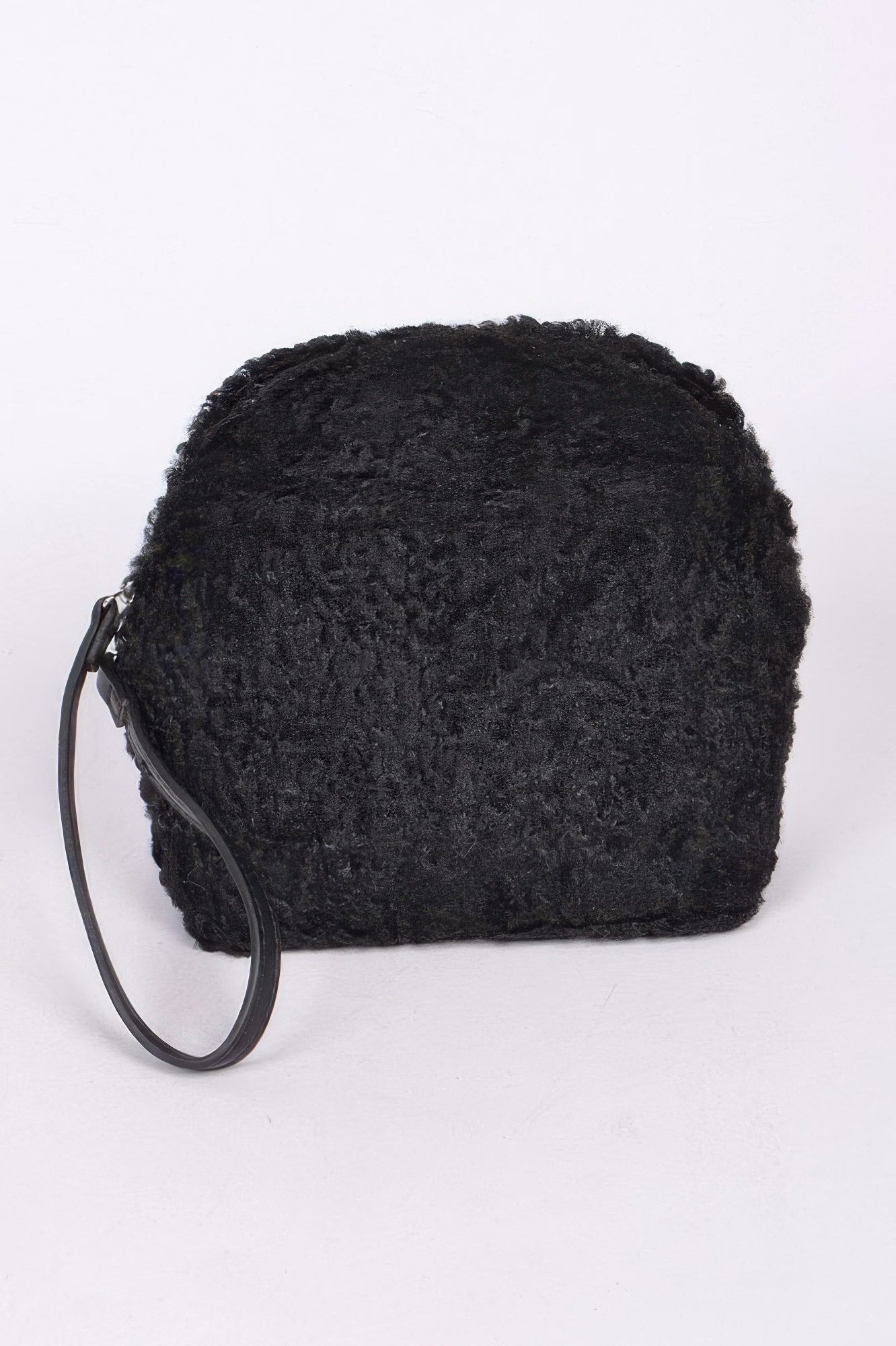 Black faux fur half-moon wristlet handbag with black wrist strap and metal zipper