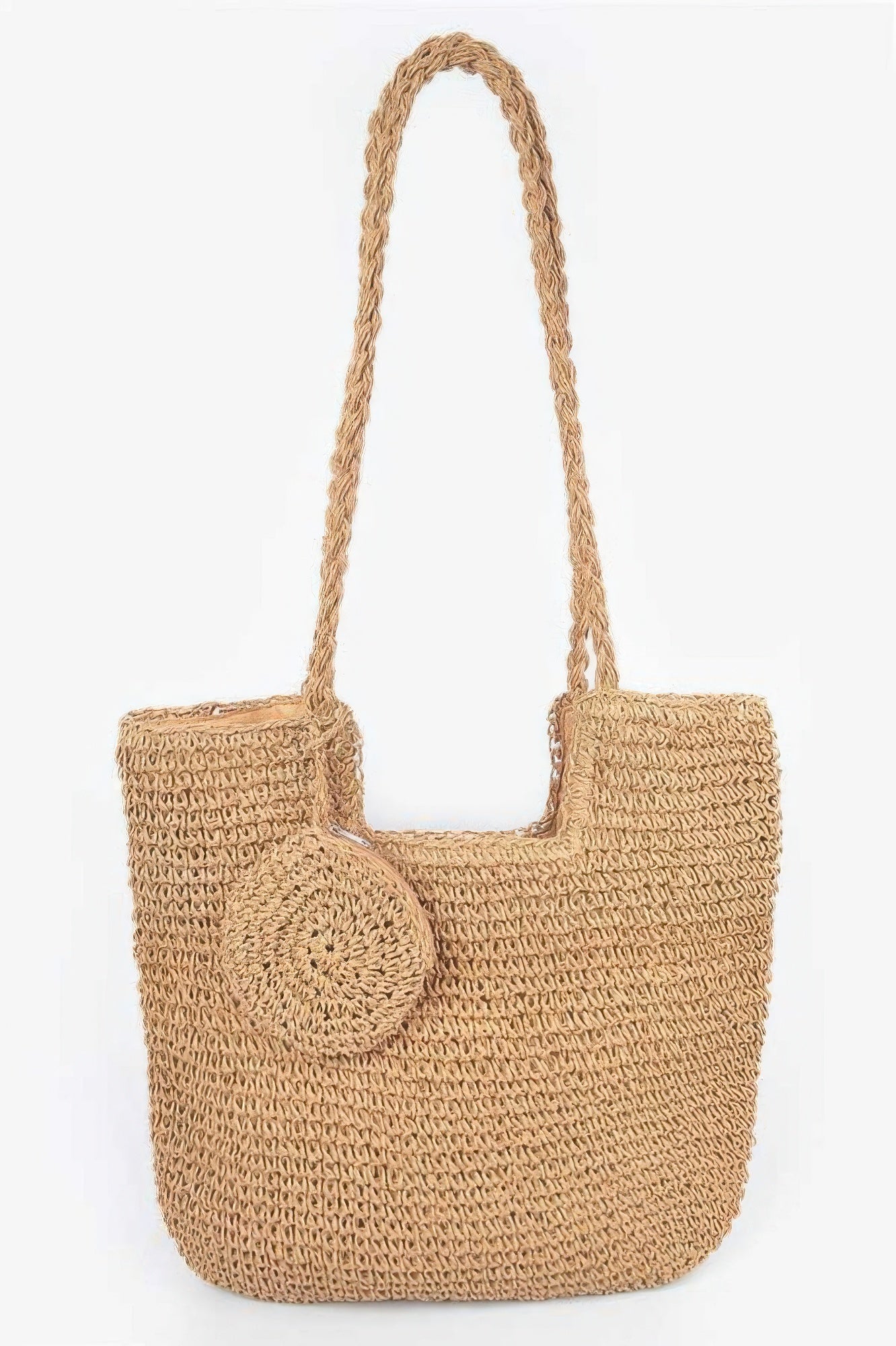 Khaki faux straw tote bag with rope handles and rounded front pocket