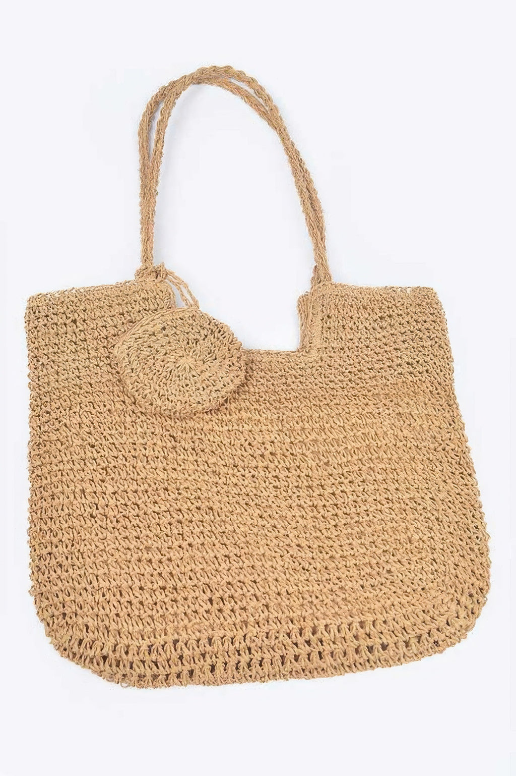 Faux straw tote bag with rope handles and rounded front detail, open top