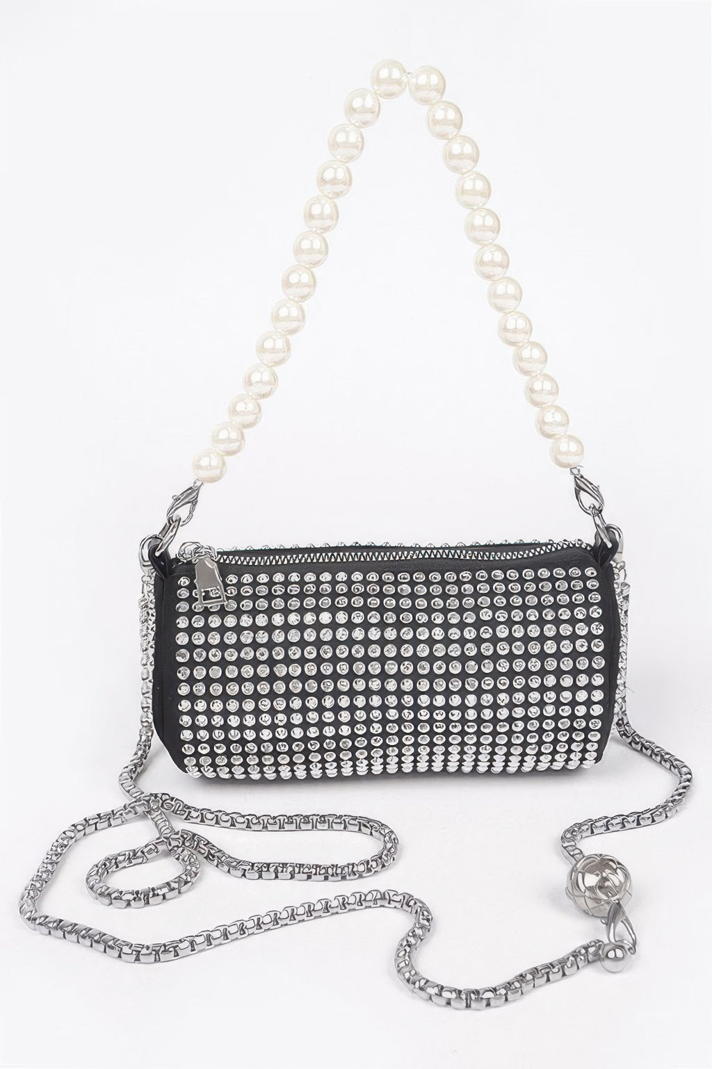 Black hotfix tube pearl handle bag with silver chain strap and rhinestone studded front.