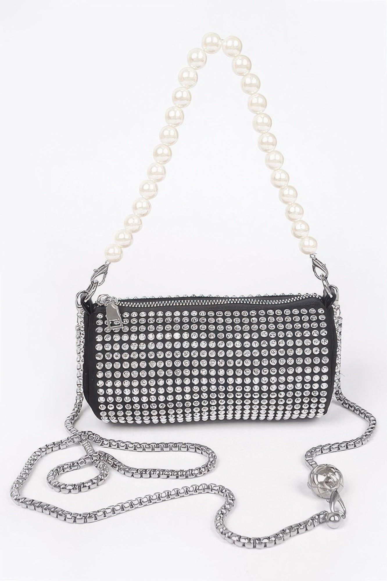 Black hotfix tube pearl handle bag with silver chain strap and rhinestone studded front.