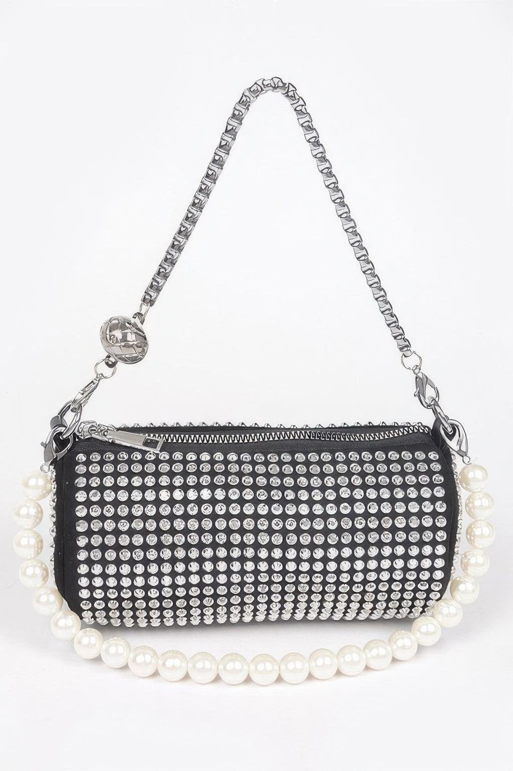Black rhinestone tube bag with pearl top handle and silver chain crossbody strap.