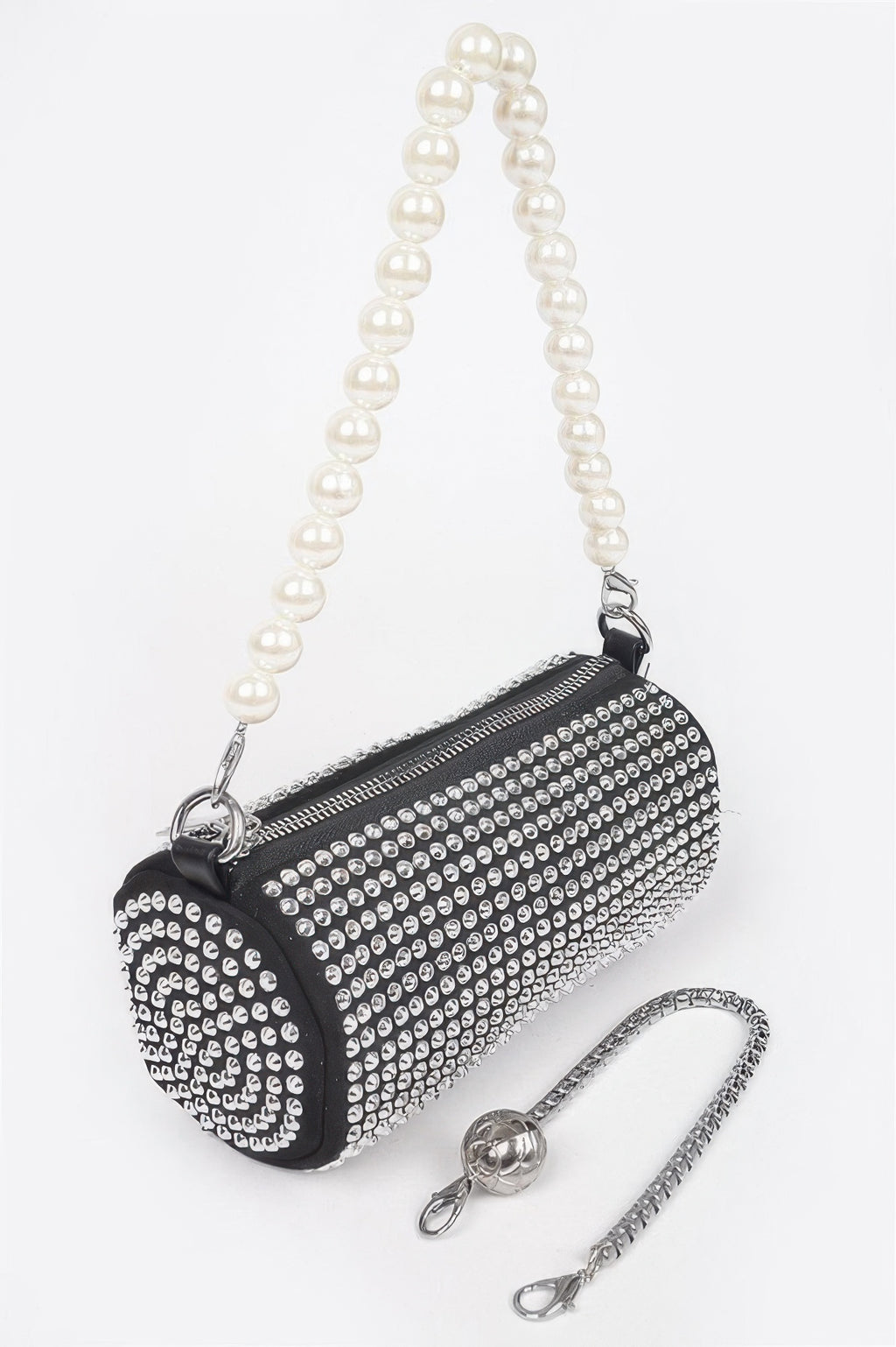 Black rhinestone tube clutch with pearl handle, silver zipper, and chain strap.