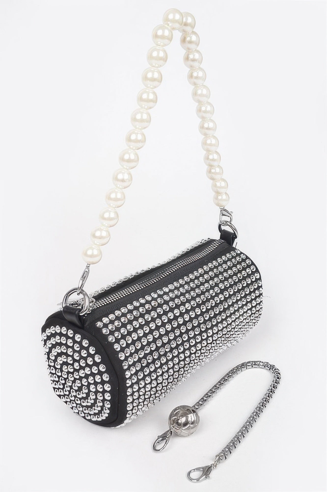 Black rhinestone tube clutch with pearl handle, silver zipper, and chain strap.