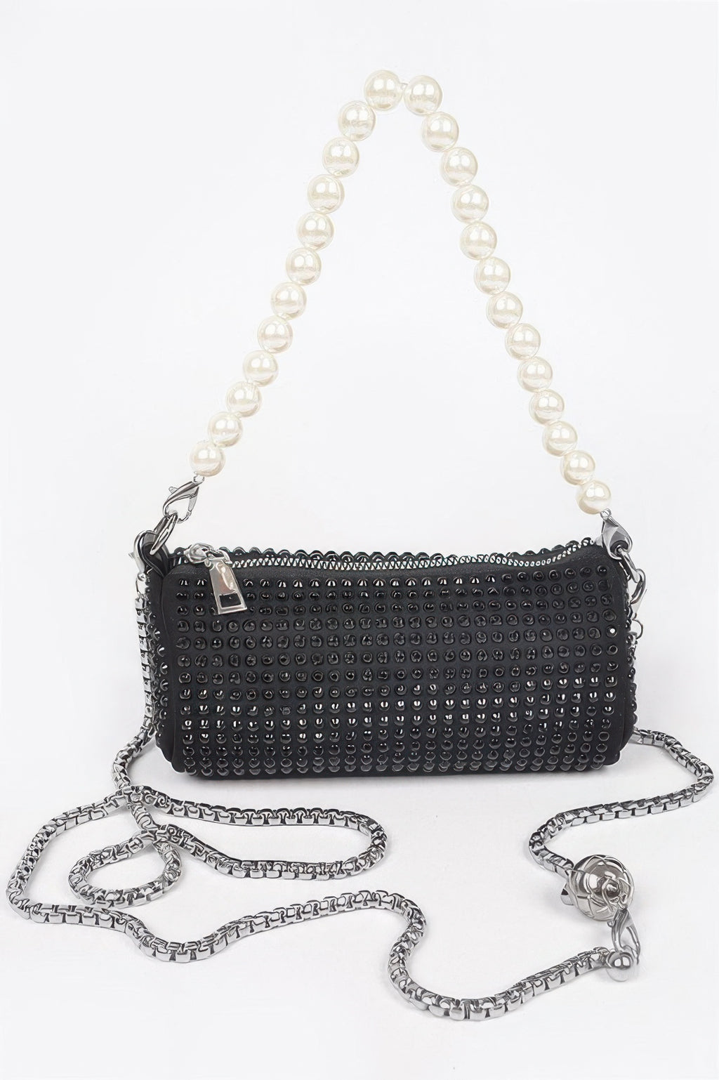 Black hotfix tube pearl handle bag with silver chain strap and studded rhinestone pattern.