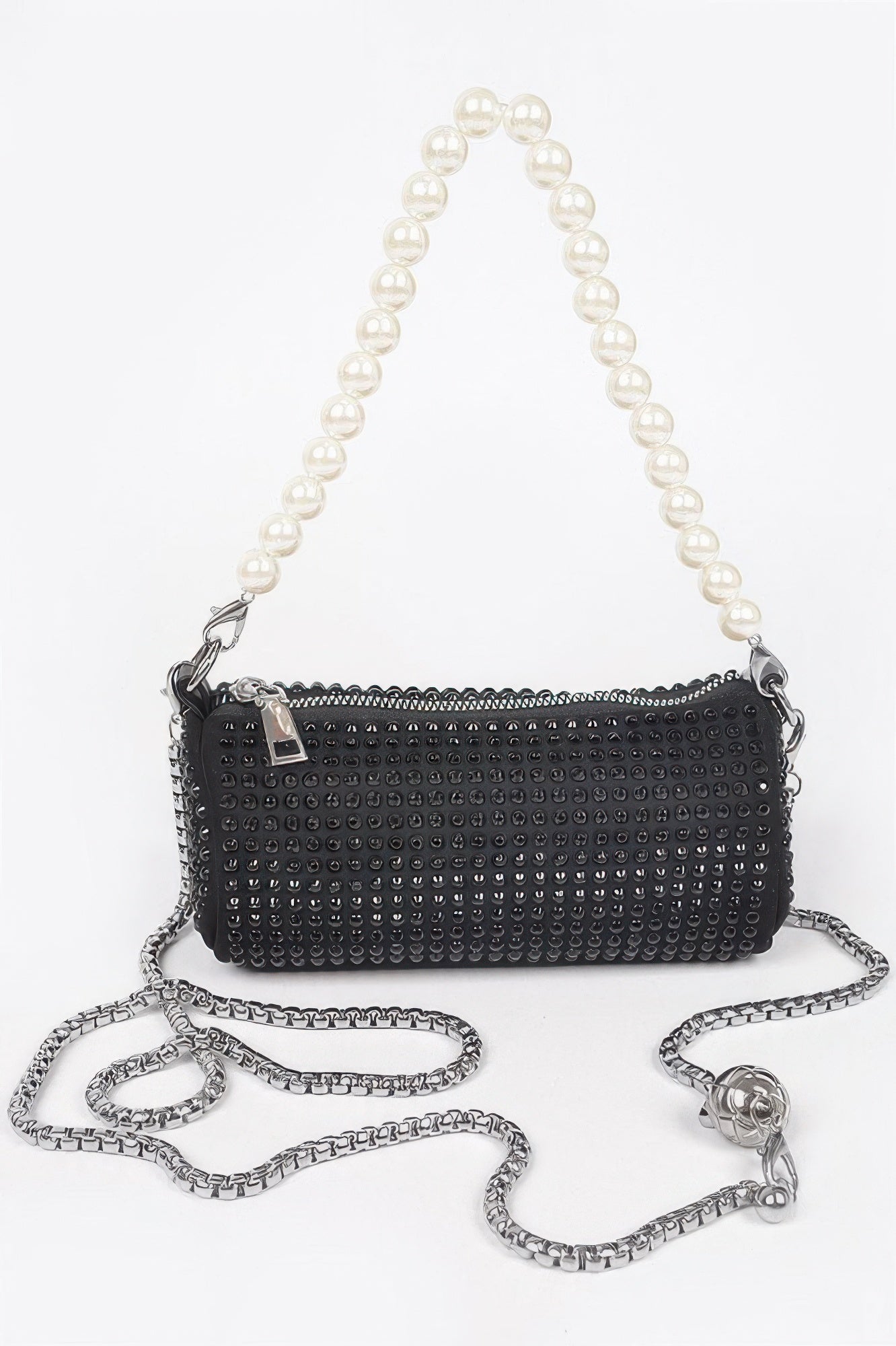 Black hotfix tube pearl handle bag with silver chain strap and studded rhinestone pattern.