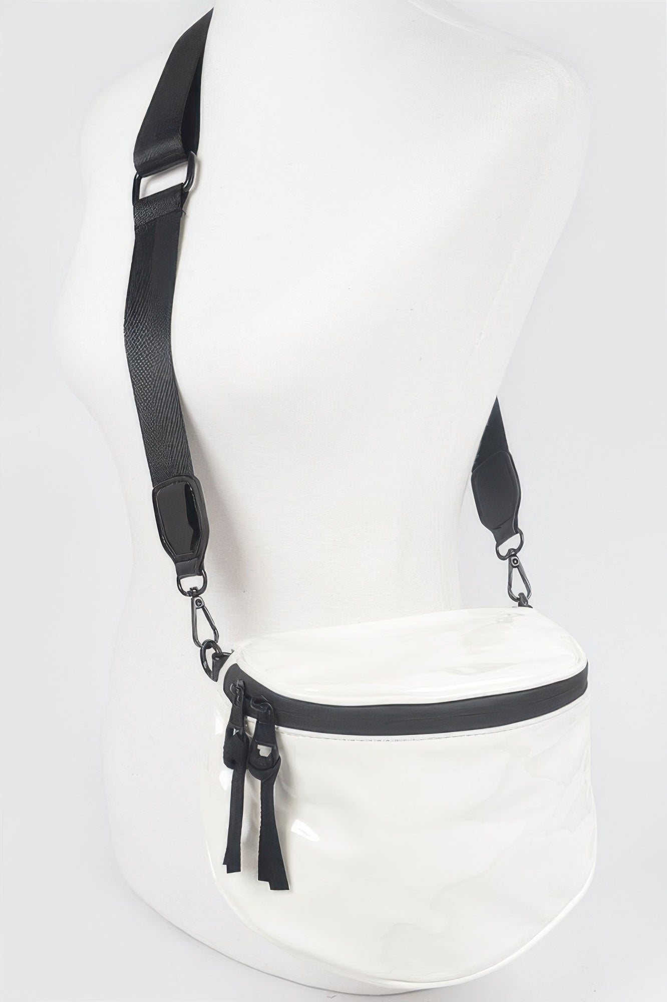 Enamel Gürteltasche, weiße glänzende Tasche mit schwarzem Reißverschluss-Detail