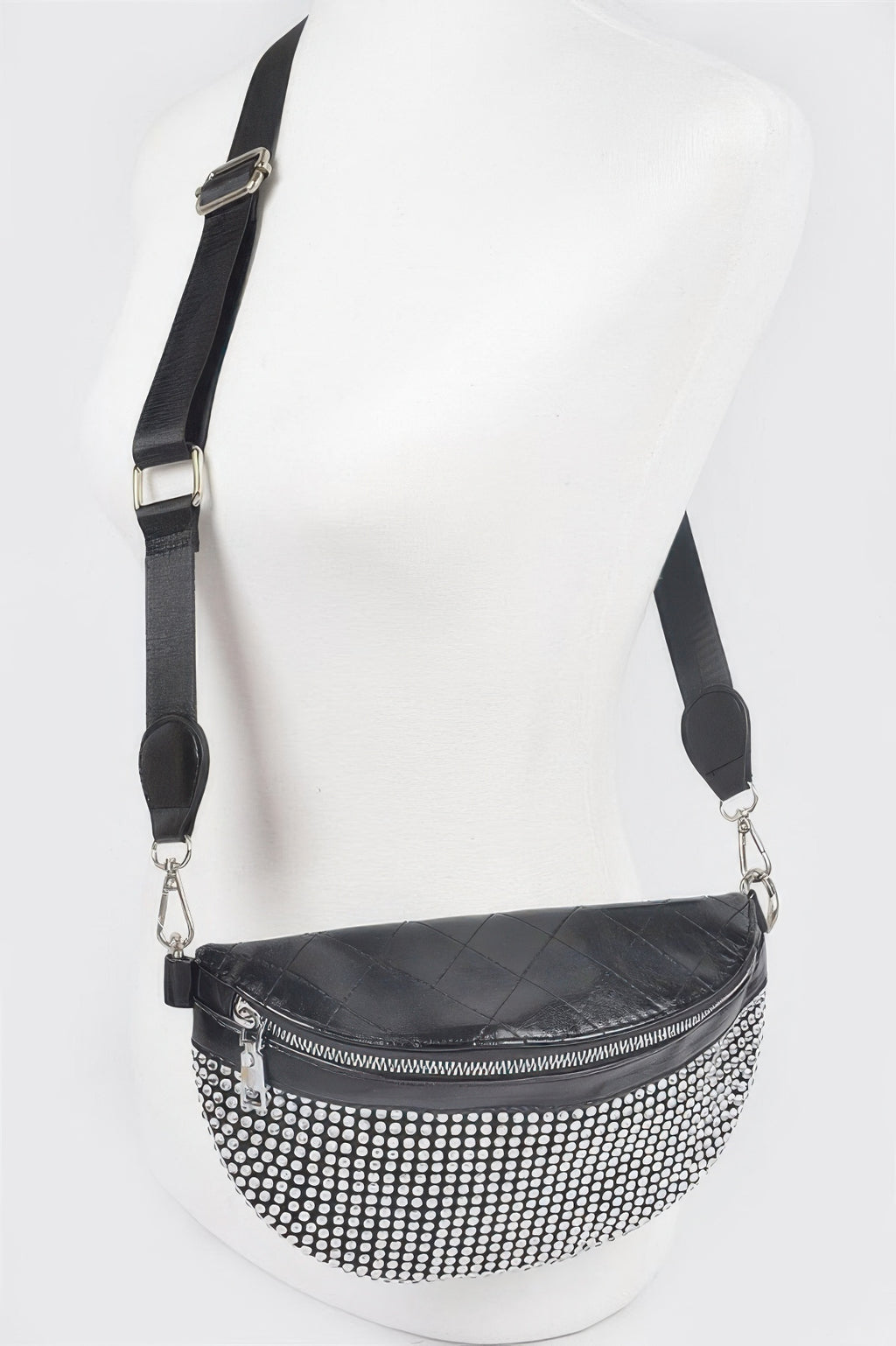 Black stone-studded fanny pack with quilted top, front zipper and crossbody strap