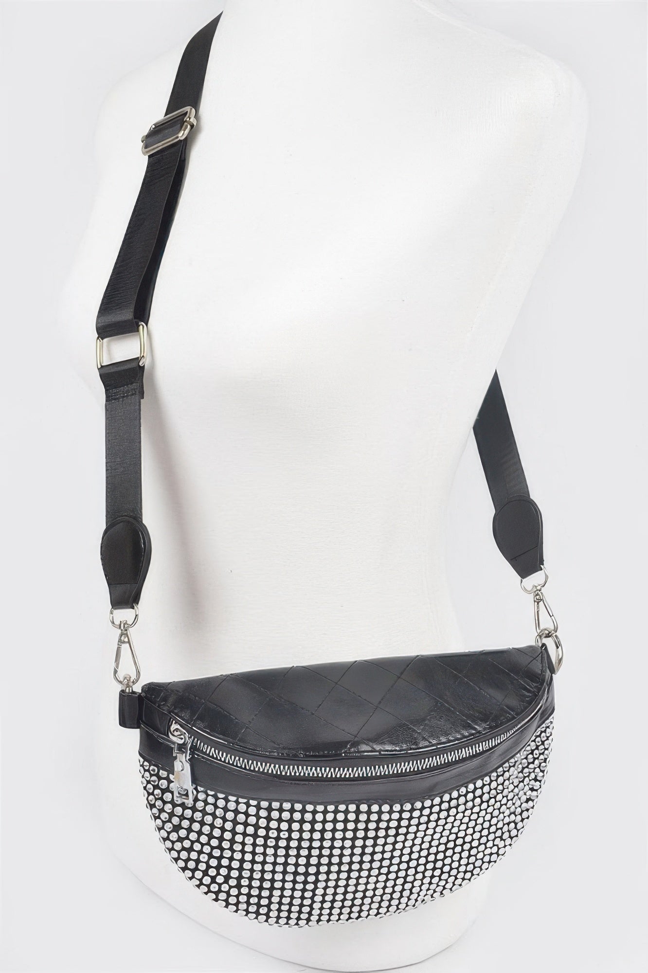 Black stone-studded fanny pack with quilted top, front zipper and crossbody strap
