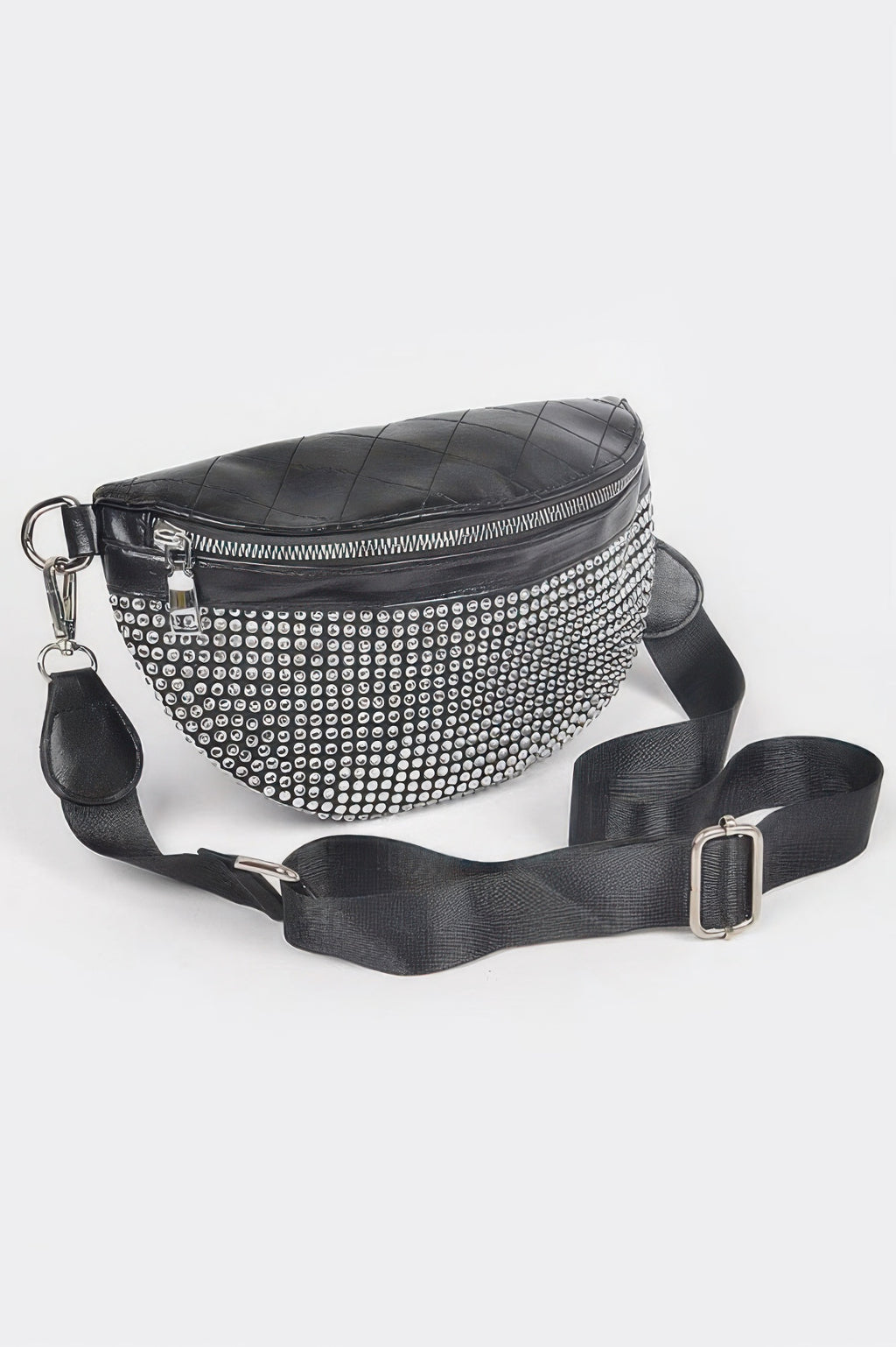 Black quilted fanny pack with dense silver rhinestones, adjustable crossbody strap