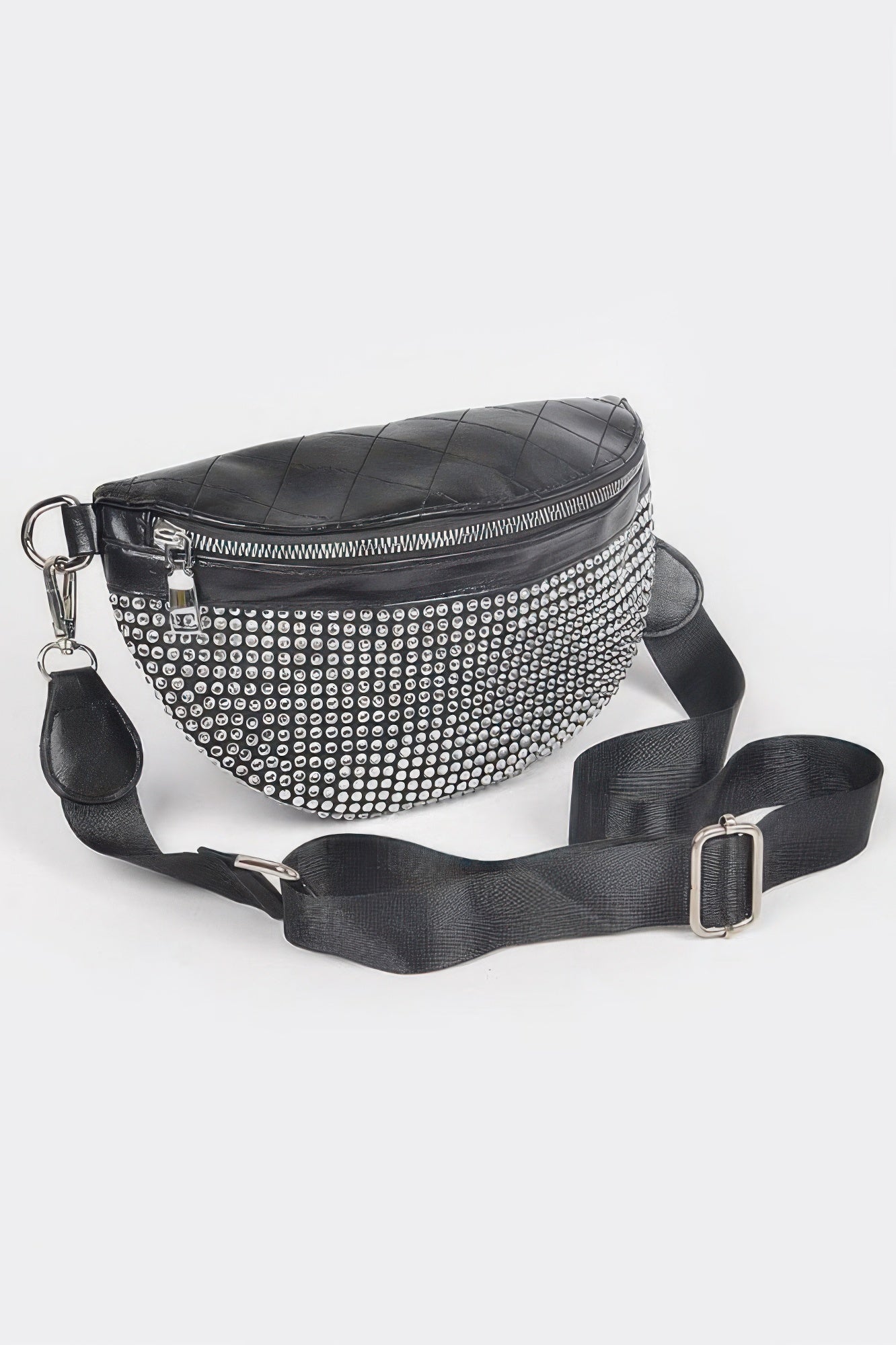 Black quilted fanny pack with dense silver rhinestones, adjustable crossbody strap