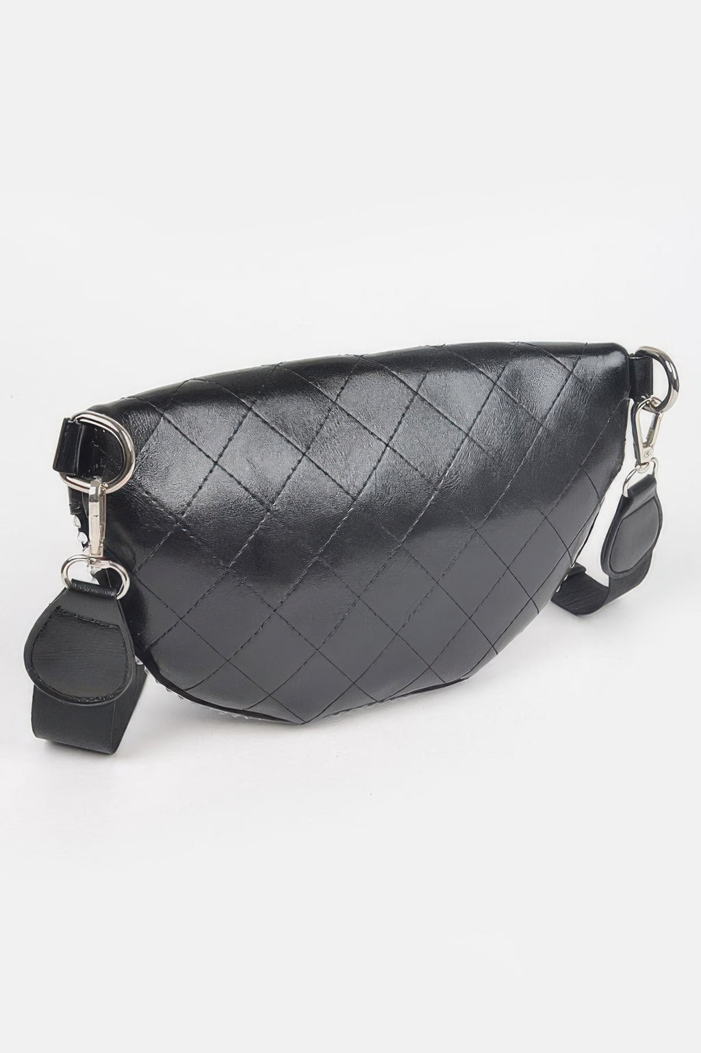 Black quilted fanny pack with silver-tone hardware and curved front, no stones visible