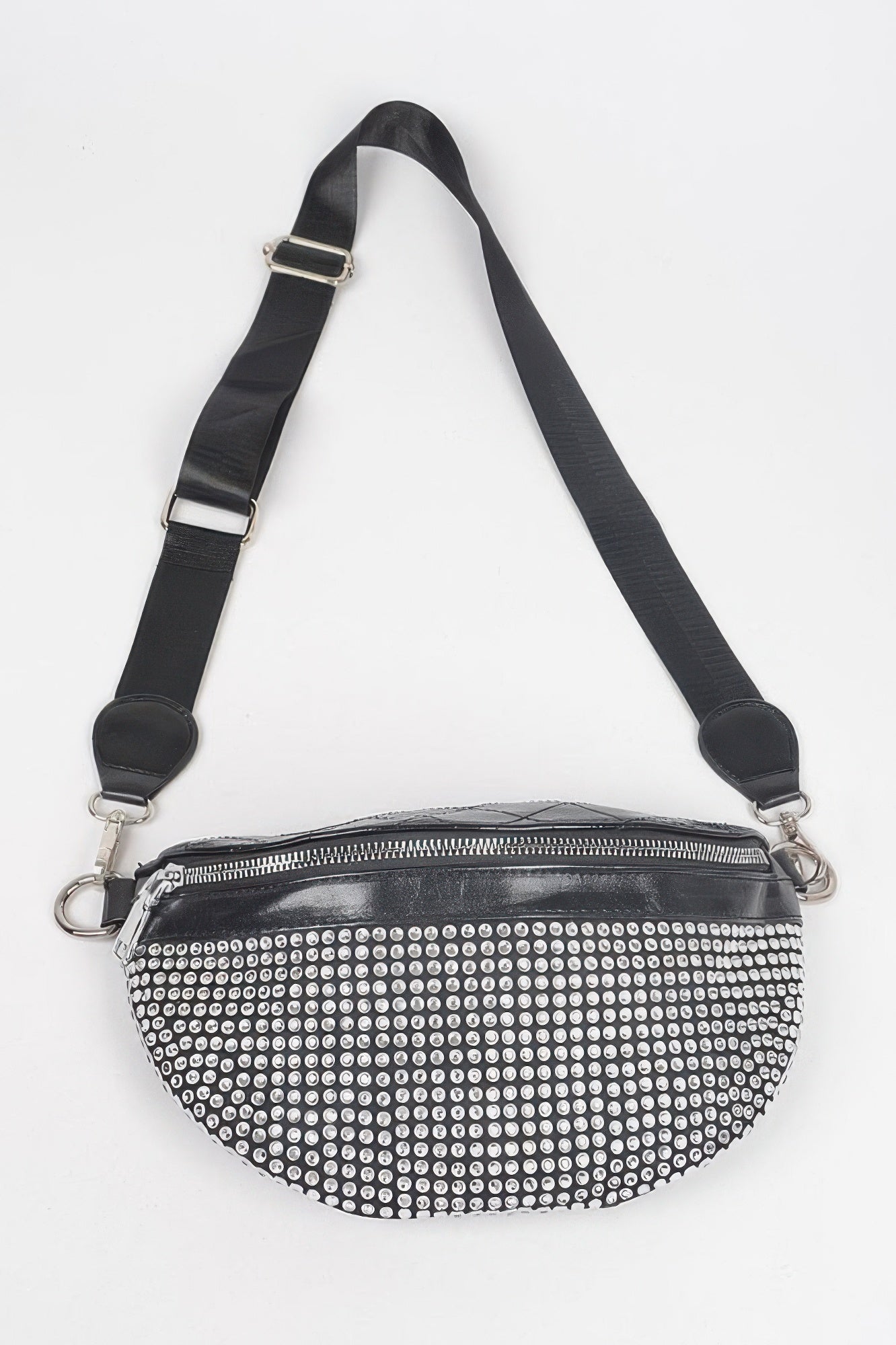 Black-and-silver rhinestone fanny pack with front zipper, wide adjustable strap